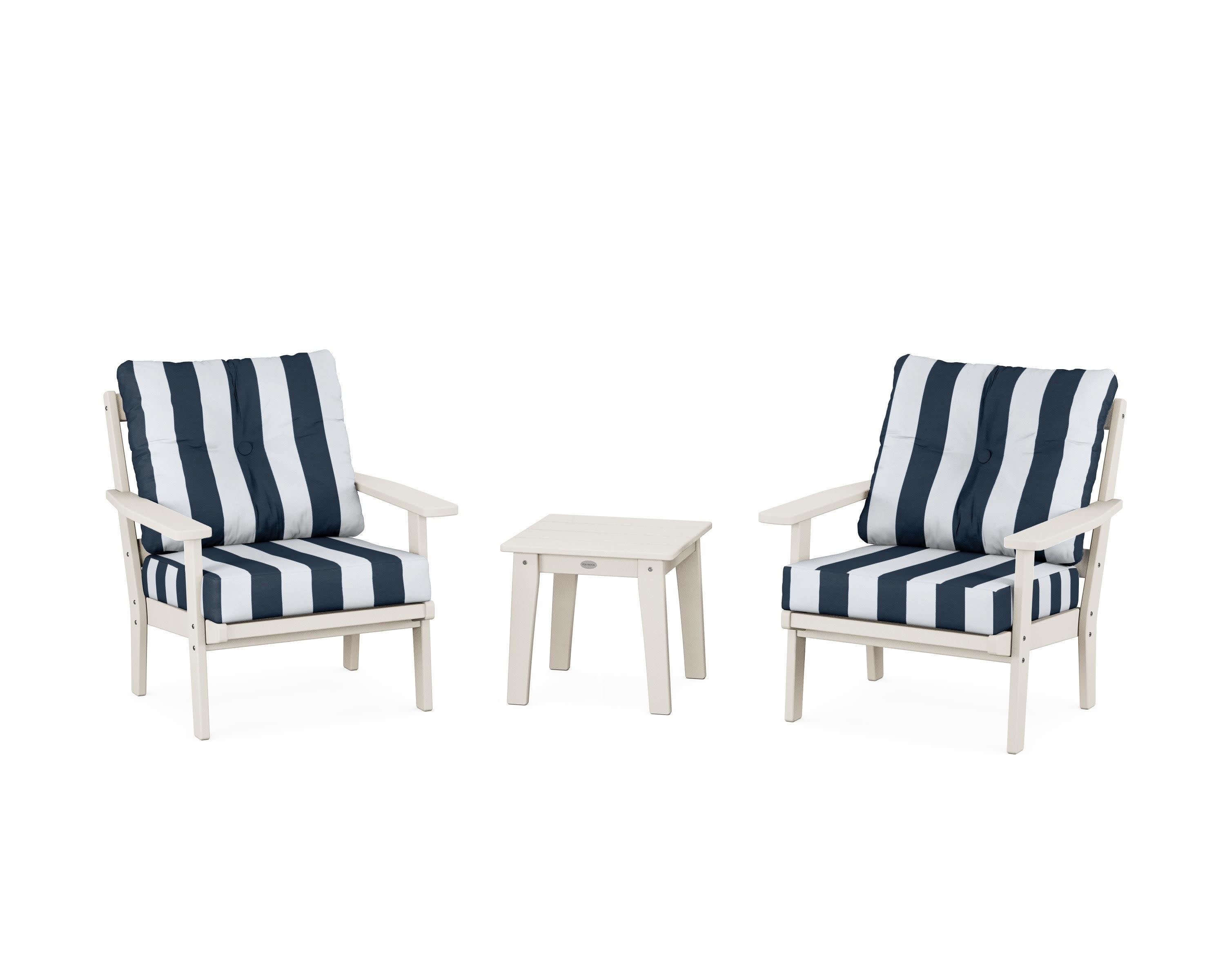 Oxford 3-Piece Deep Seating Set in Sand / Cabana Stripe Marine Indigo