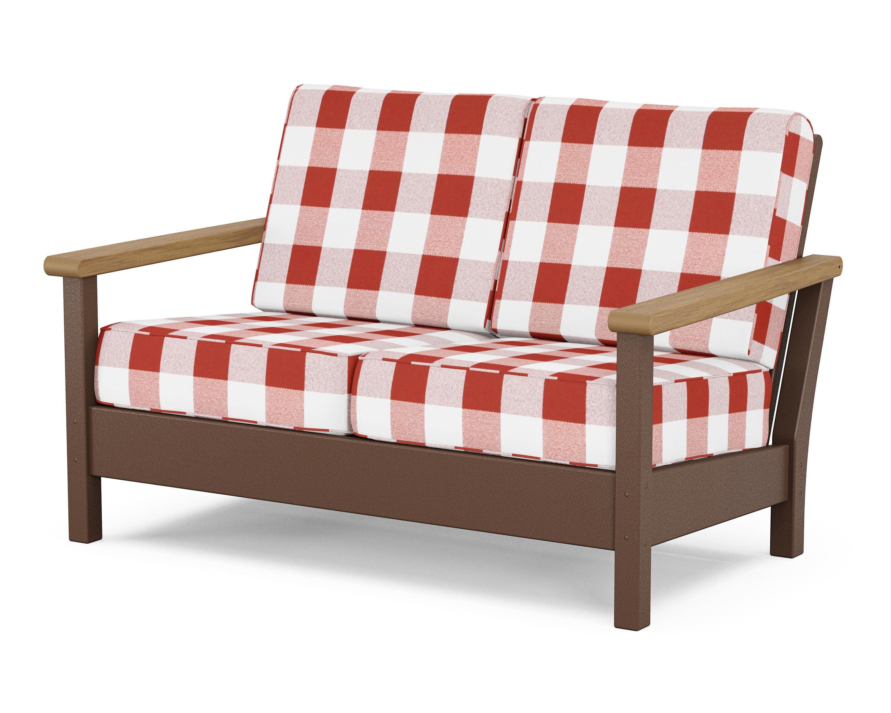 Harbour Deep Seating Loveseat in Mahogany / Natural / Buffalo Plaid Crimson