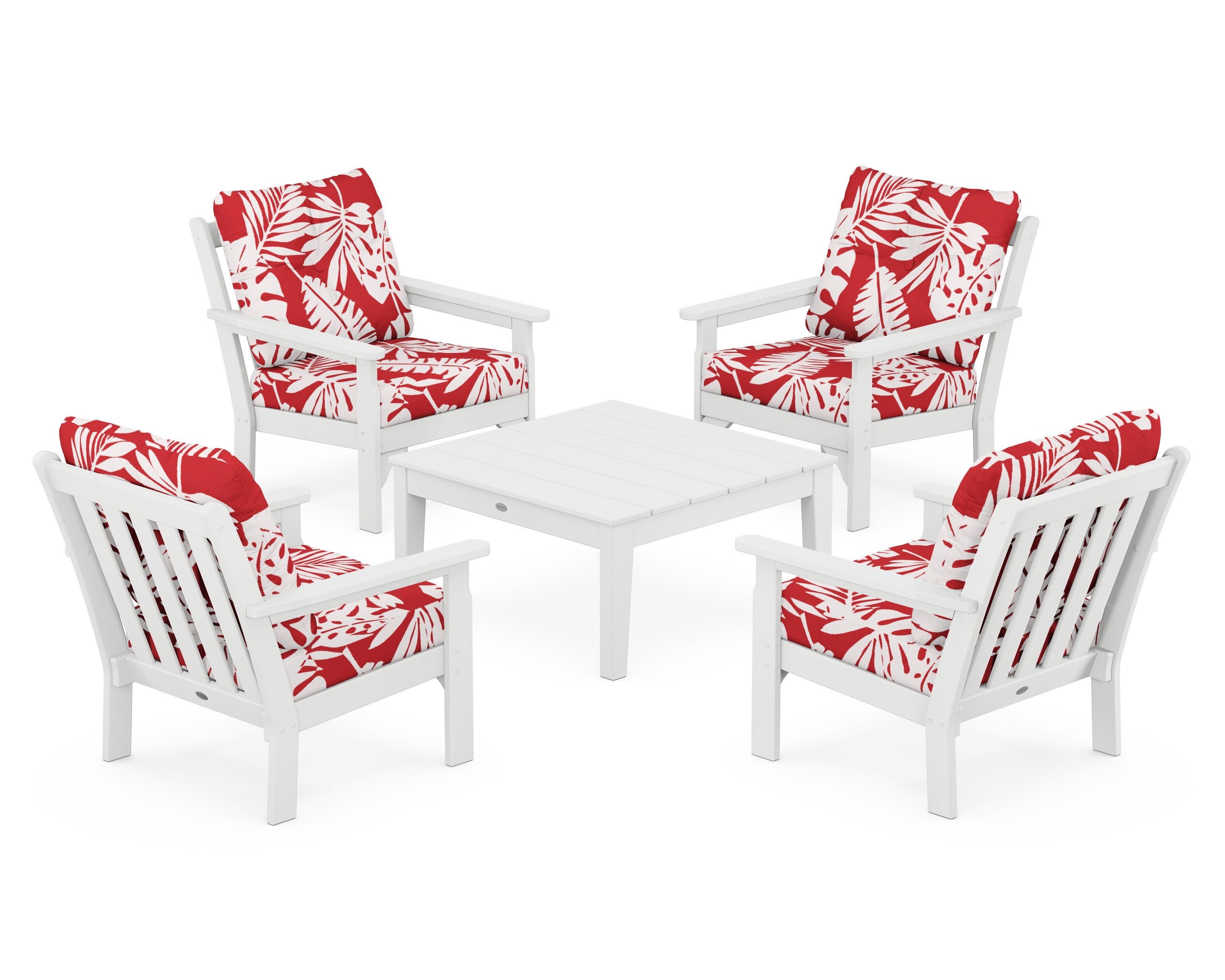 Vineyard 5-Piece Deep Seating Conversation Set in White / Leaf Crimson