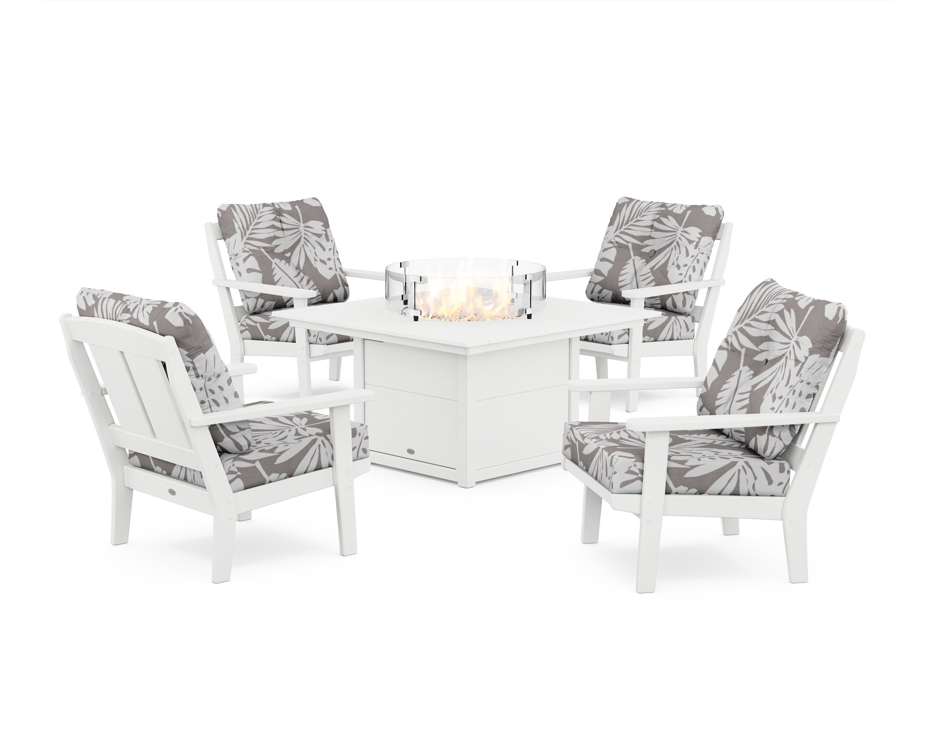 Mission 5-Piece Deep Seating Set with Fire Pit Table in White / Leaf Grey Mist