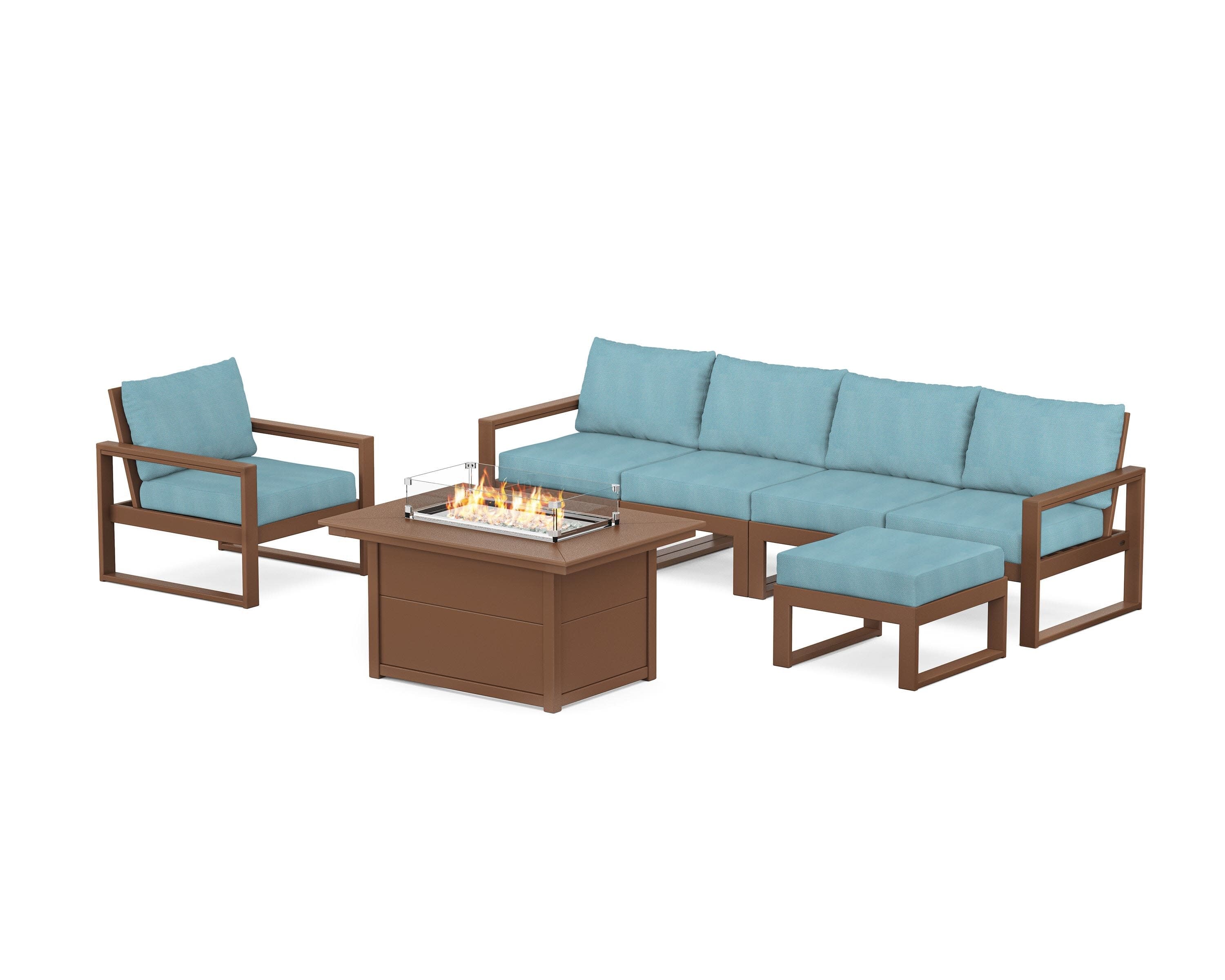 EDGE Sectional Lounge and Fire Pit Set in Teak / Lattice Sky Blue