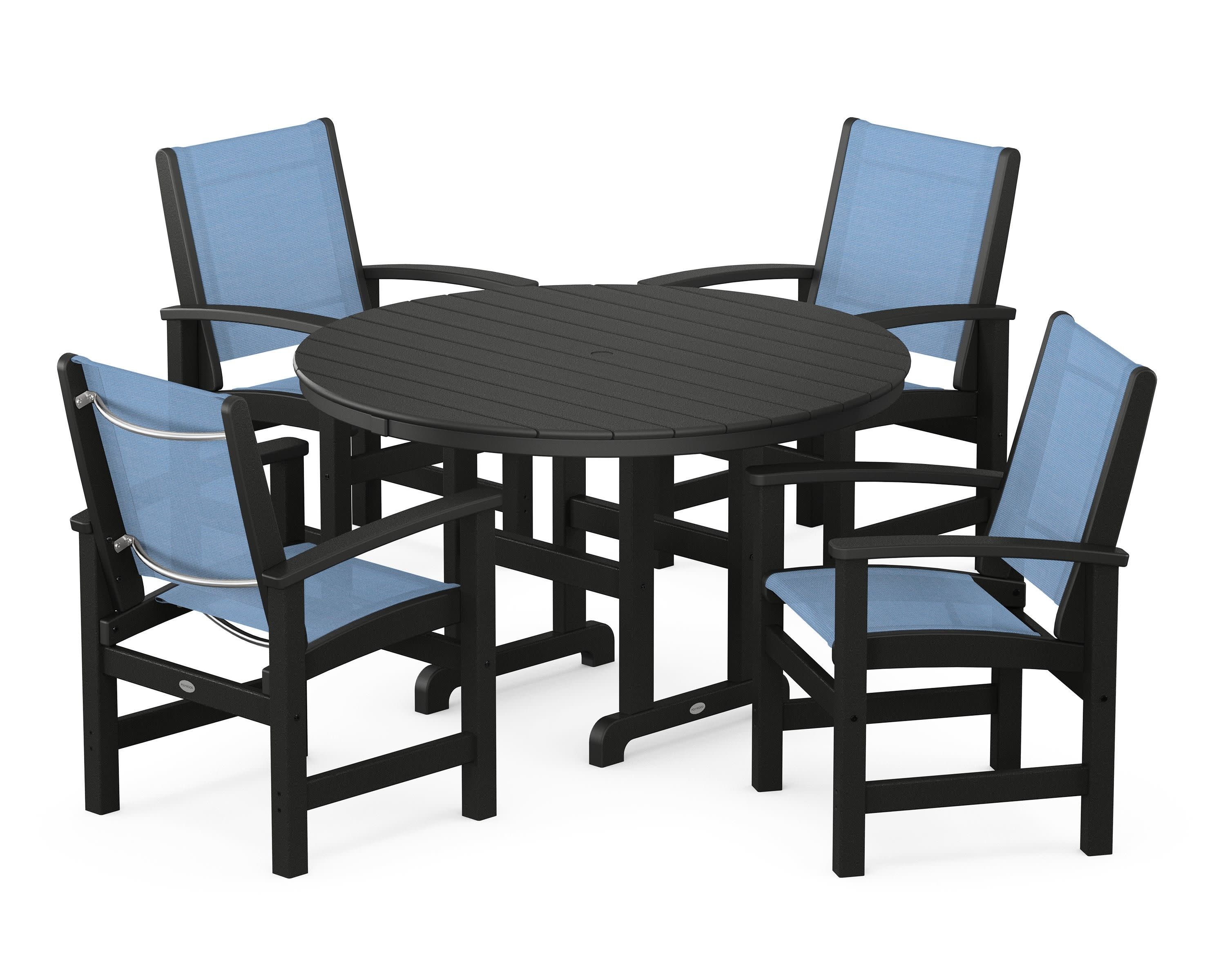 Coastal 5-Piece Round Farmhouse Dining Set in Black / Poolside Sling