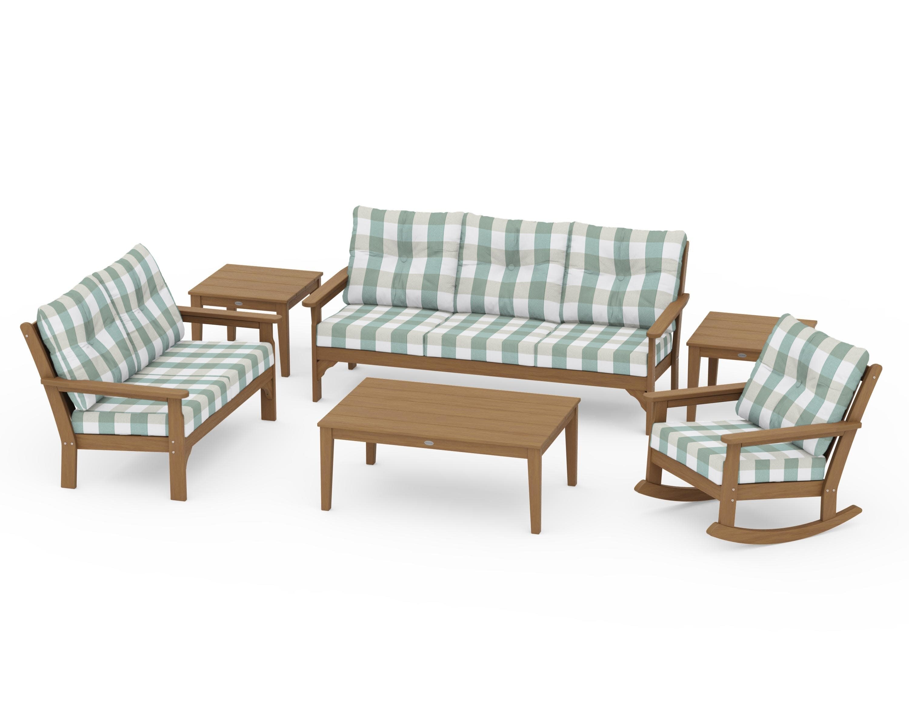 Vineyard 6-Piece Deep Seating Set in Natural / Buffalo Plaid Glacier Spa