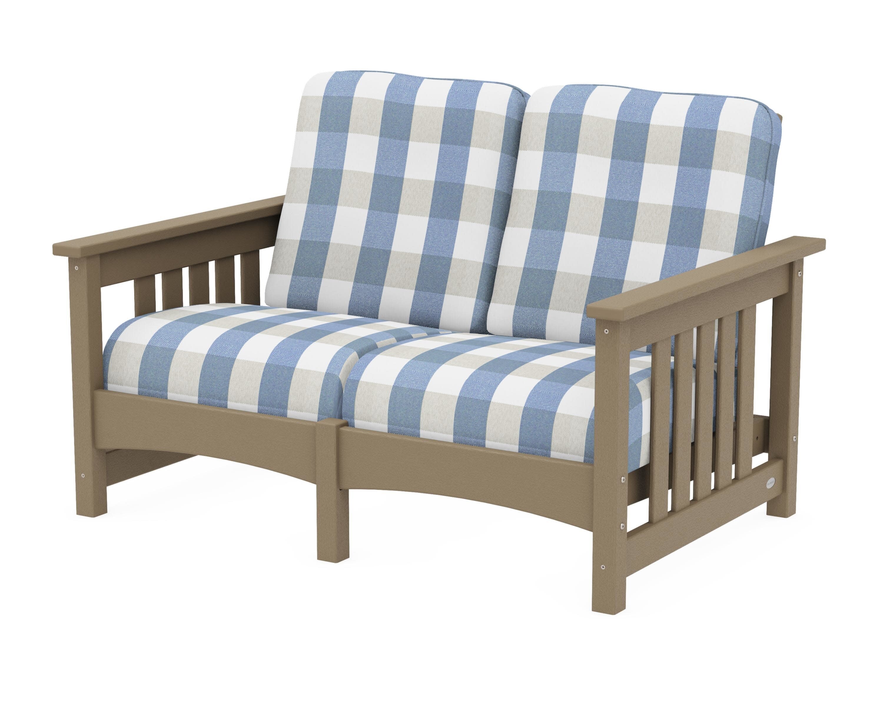 Club Mission Loveseat in Vintage Sahara / Buffalo Plaid Sky Blue