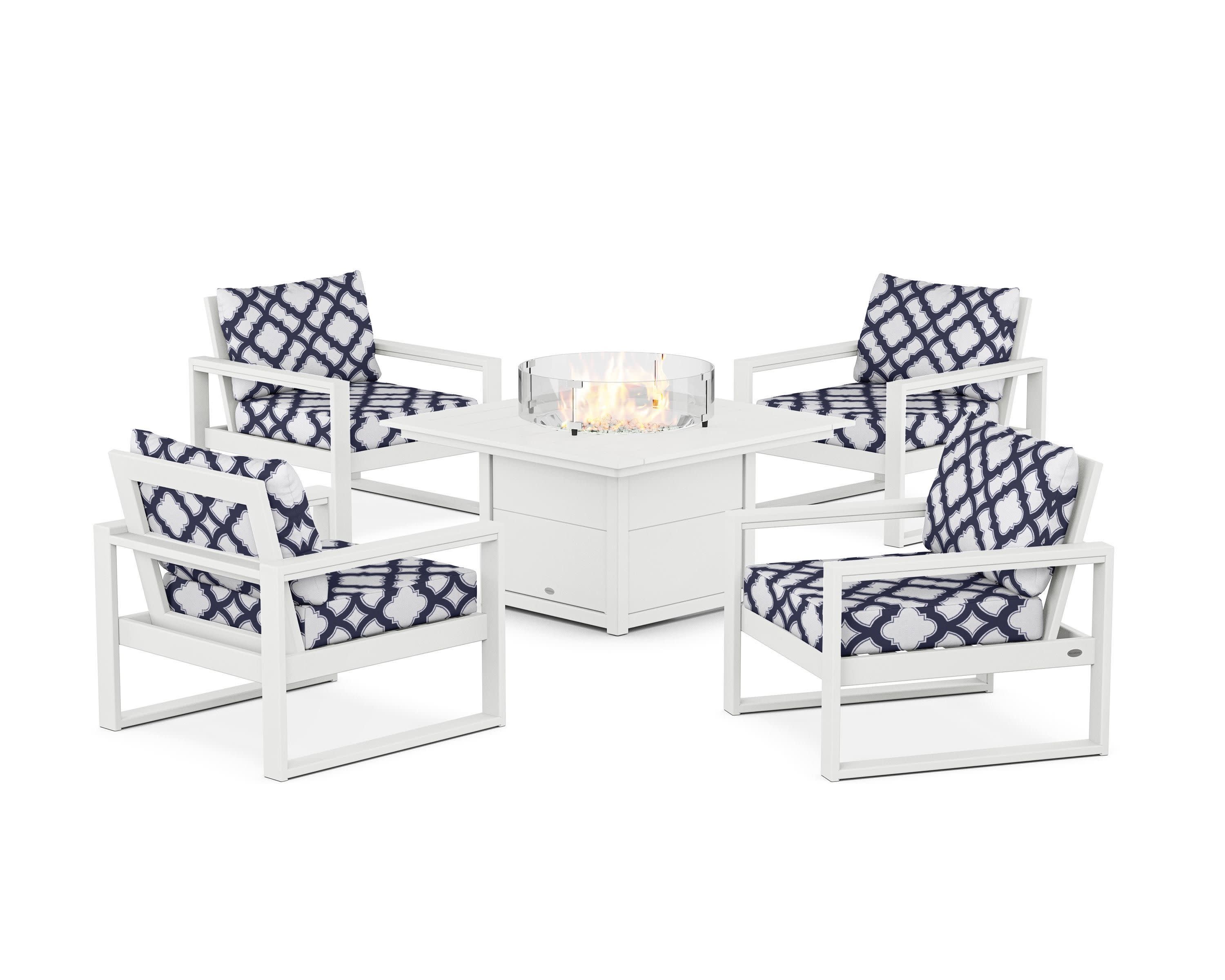 EDGE Sectional 5-Piece Deep Seating Set with Fire Pit Table in White / Trellis Navy