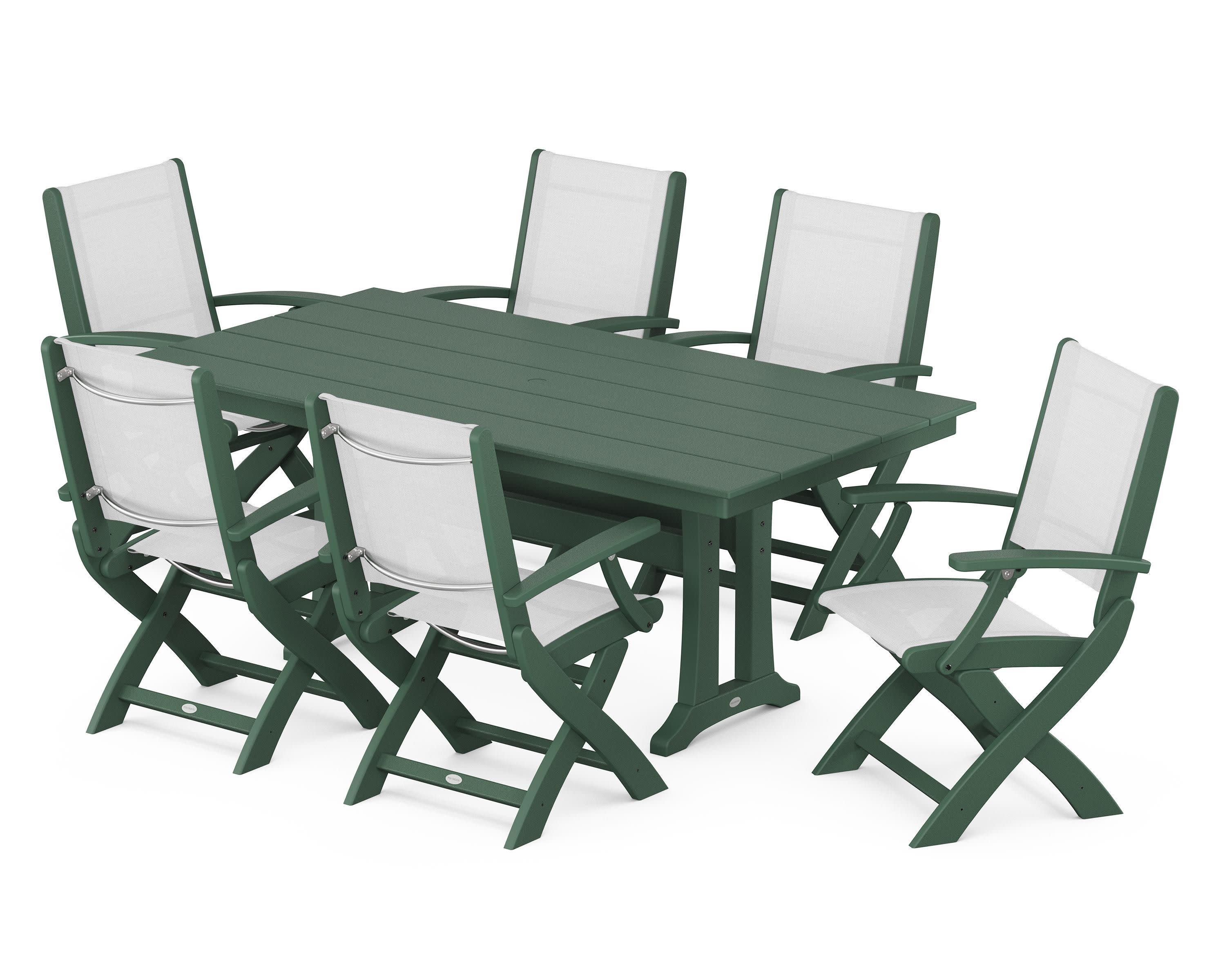 Coastal Folding Arm Chair 7-Piece Farmhouse Dining Set with Trestle Legs in Green / White Sling