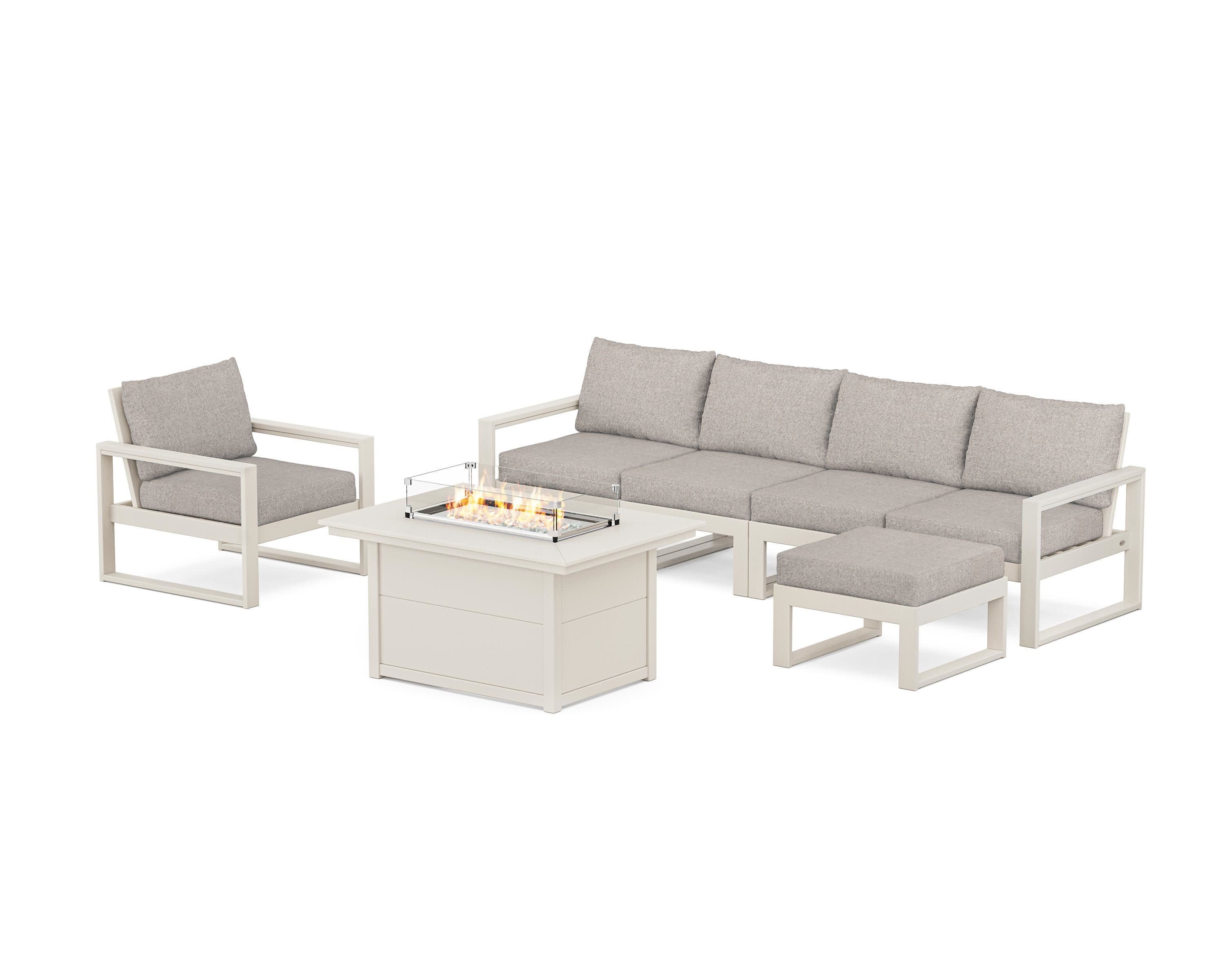 EDGE Sectional Lounge and Fire Pit Set in Sand / Weathered Tweed