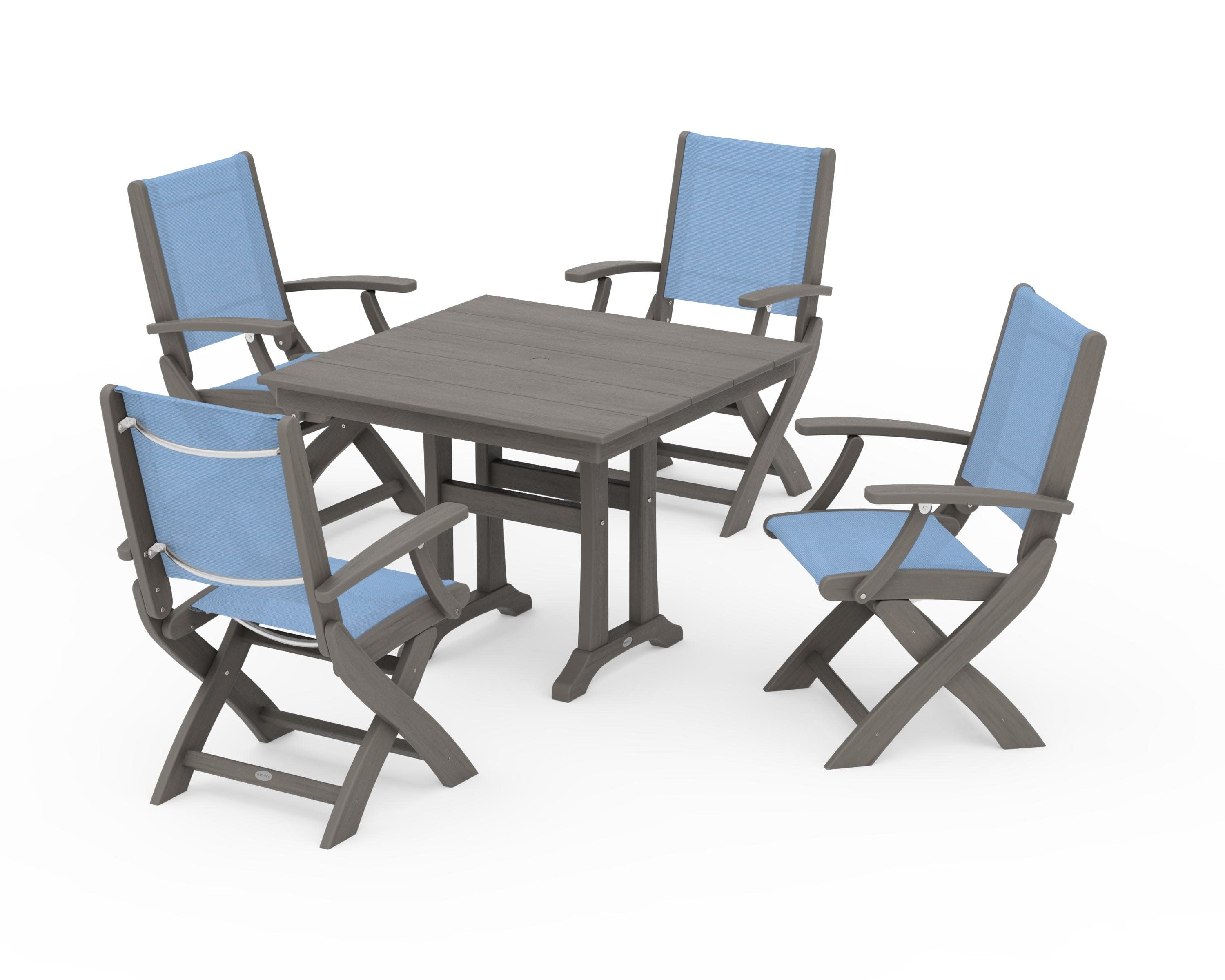 Coastal Folding Chair 5-Piece Farmhouse Dining Set With Trestle Legs in Driftwood / Poolside Sling