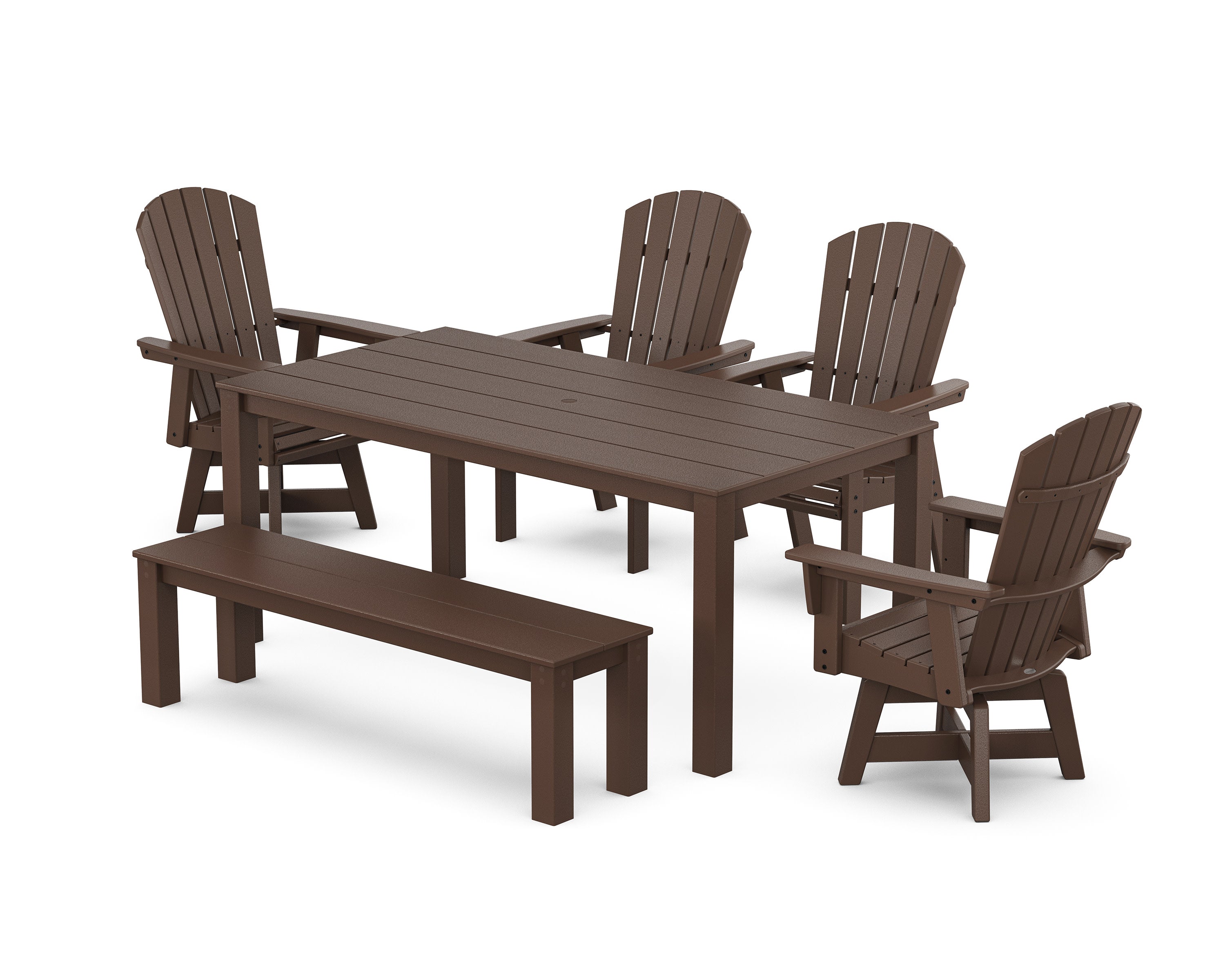Nautical Curveback Adirondack Swivel 6-Piece Parsons Dining Set with Bench in Mahogany
