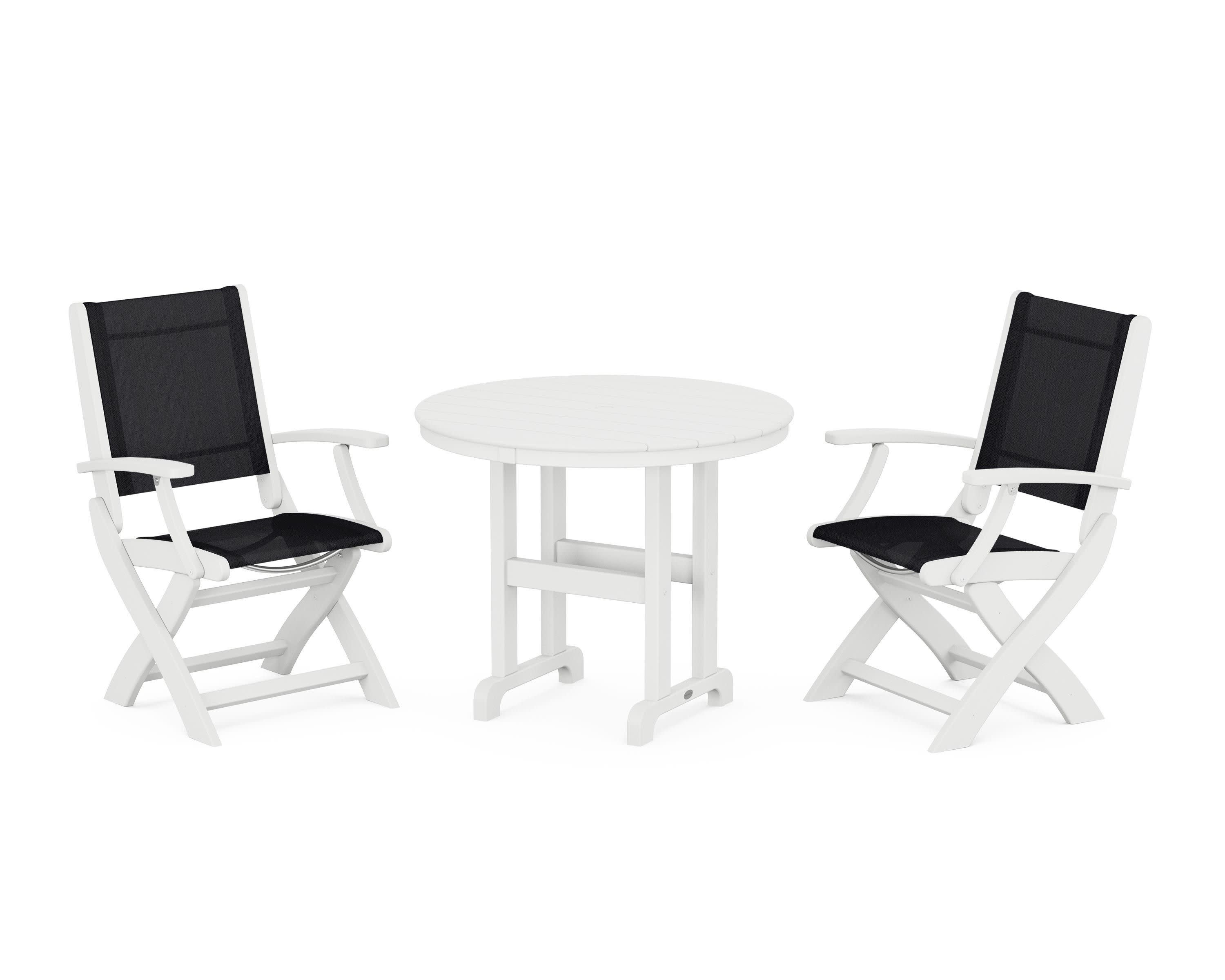 Coastal Folding Chair 3-Piece Round Dining Set in White / Black Sling