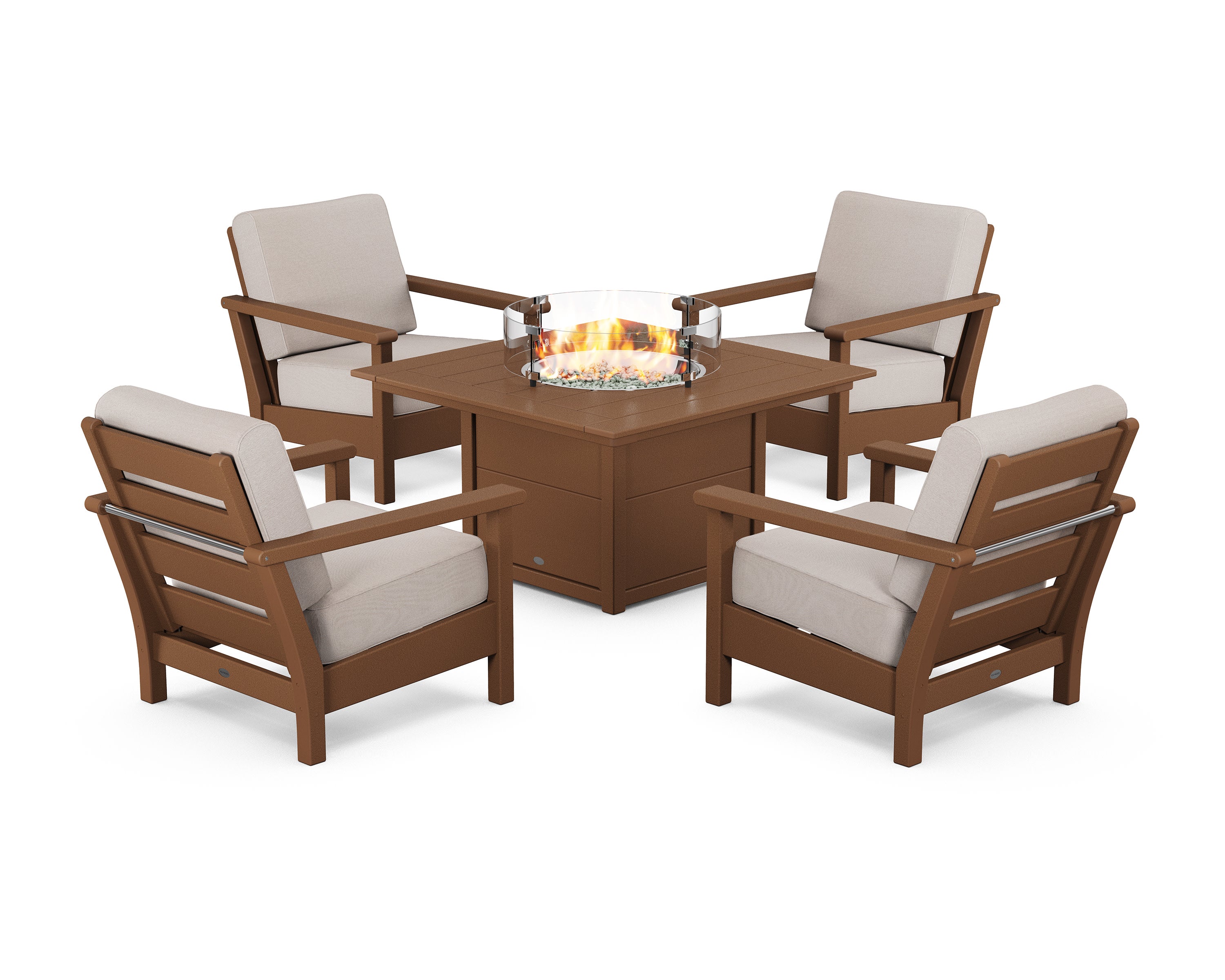 Harbour 5-Piece Conversation Set with Fire Pit Table in Teak / Dune Burlap