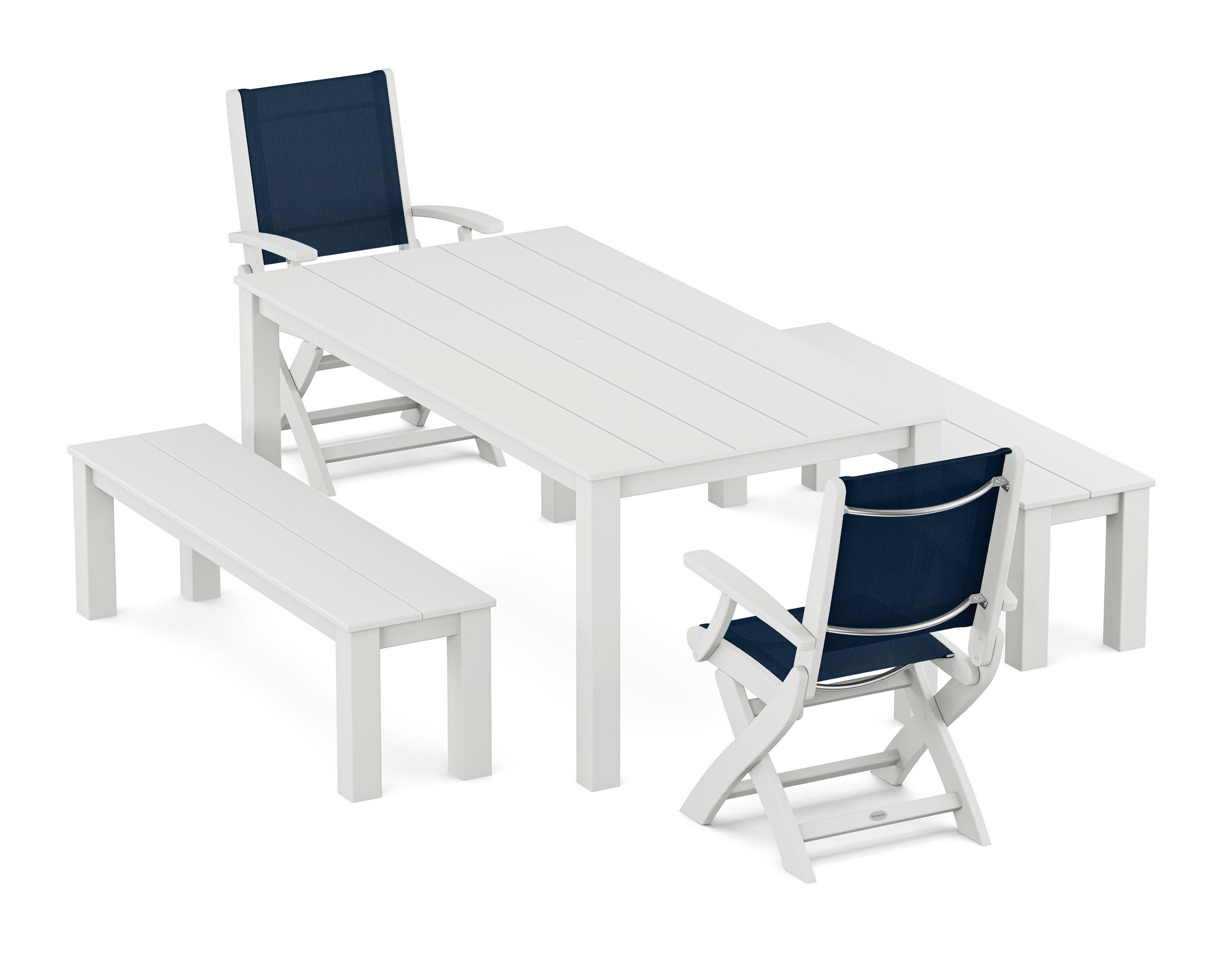 Coastal Folding Chair 5-Piece Parsons Dining Set with Benches in White / Navy Blue Sling