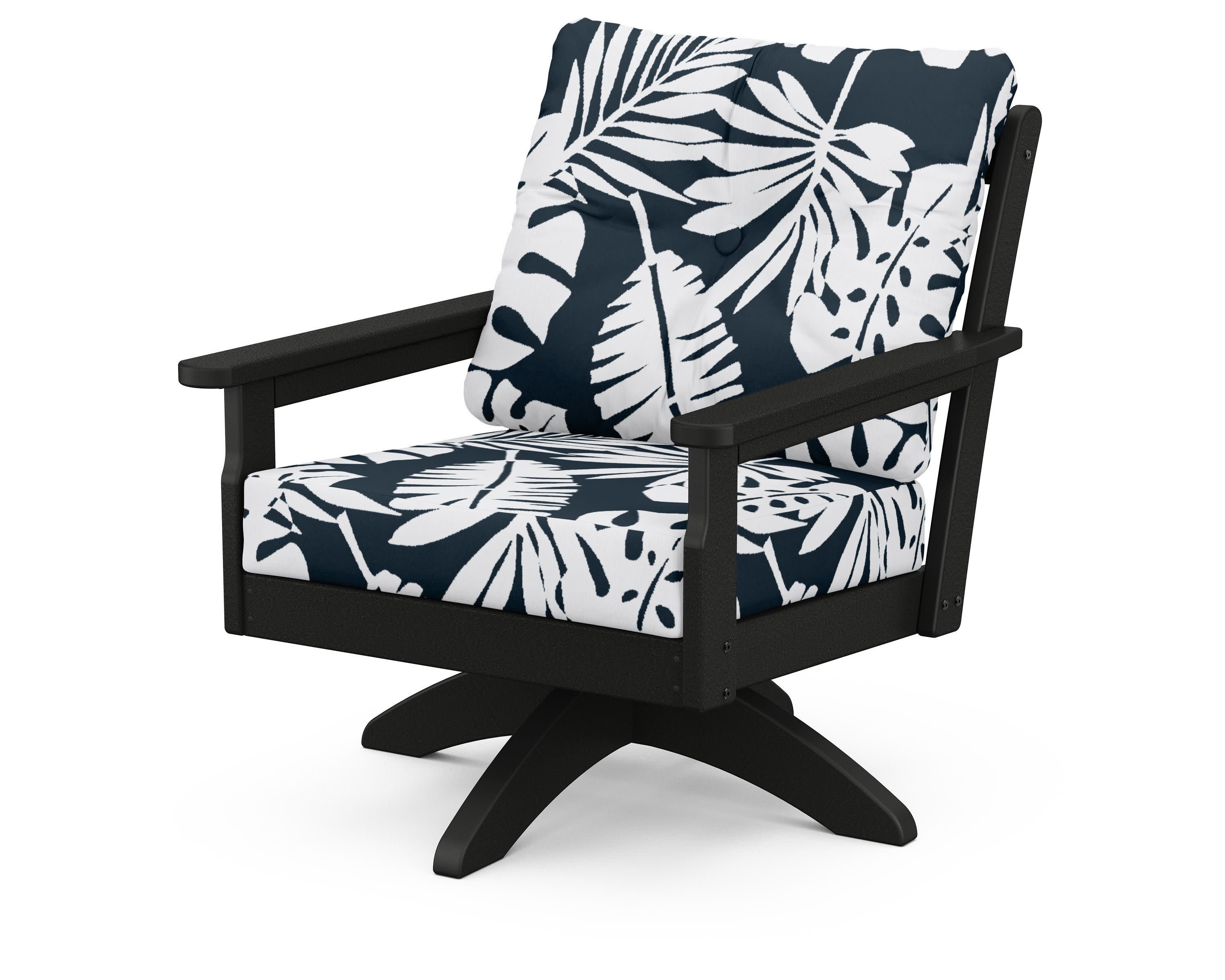 Vineyard Deep Seating Swivel Chair in Black / Leaf Marine Indigo