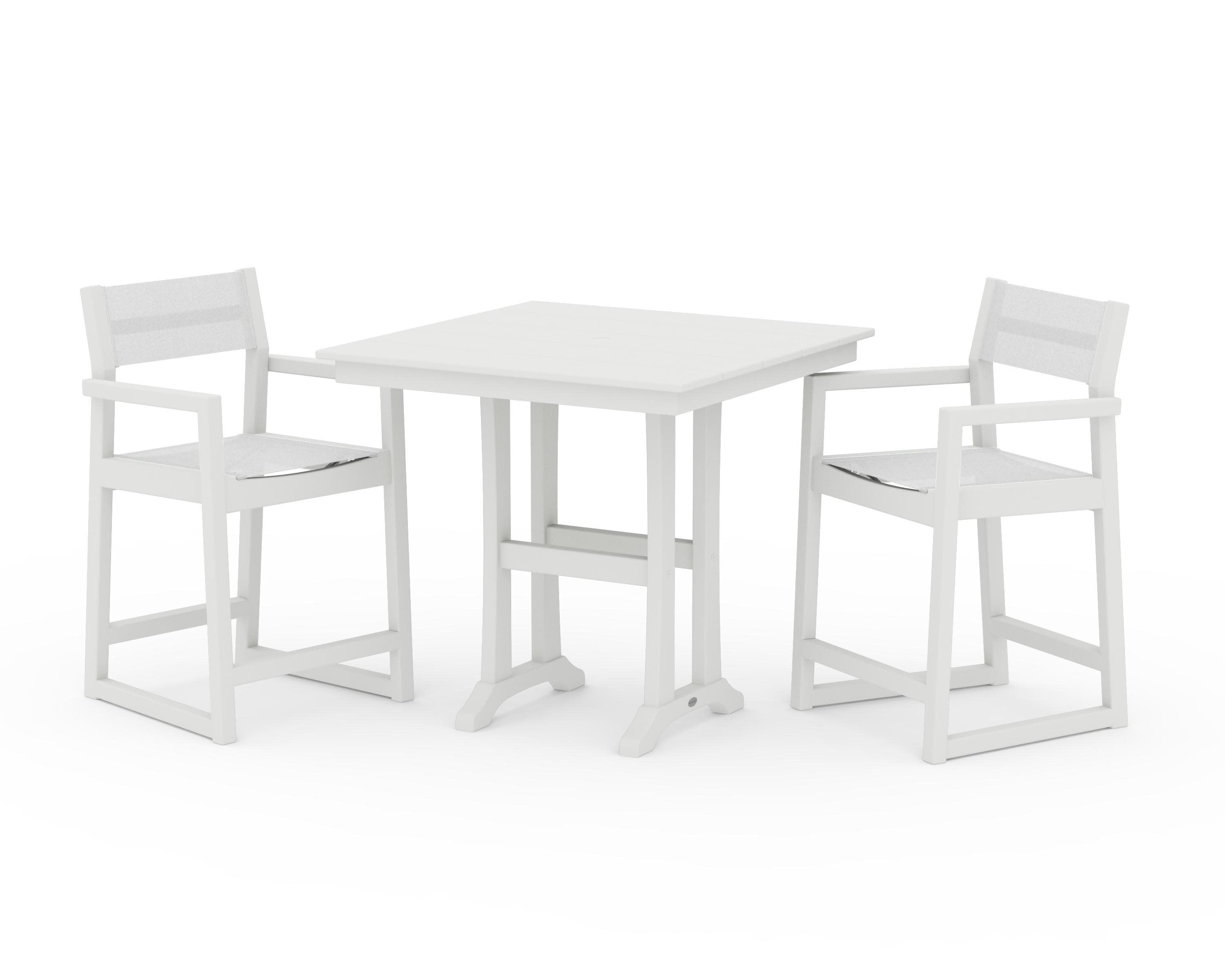 EDGE Sling Arm Chair 3-Piece Farmhouse Counter Set with Trestle Legs in Vintage White / White Sling