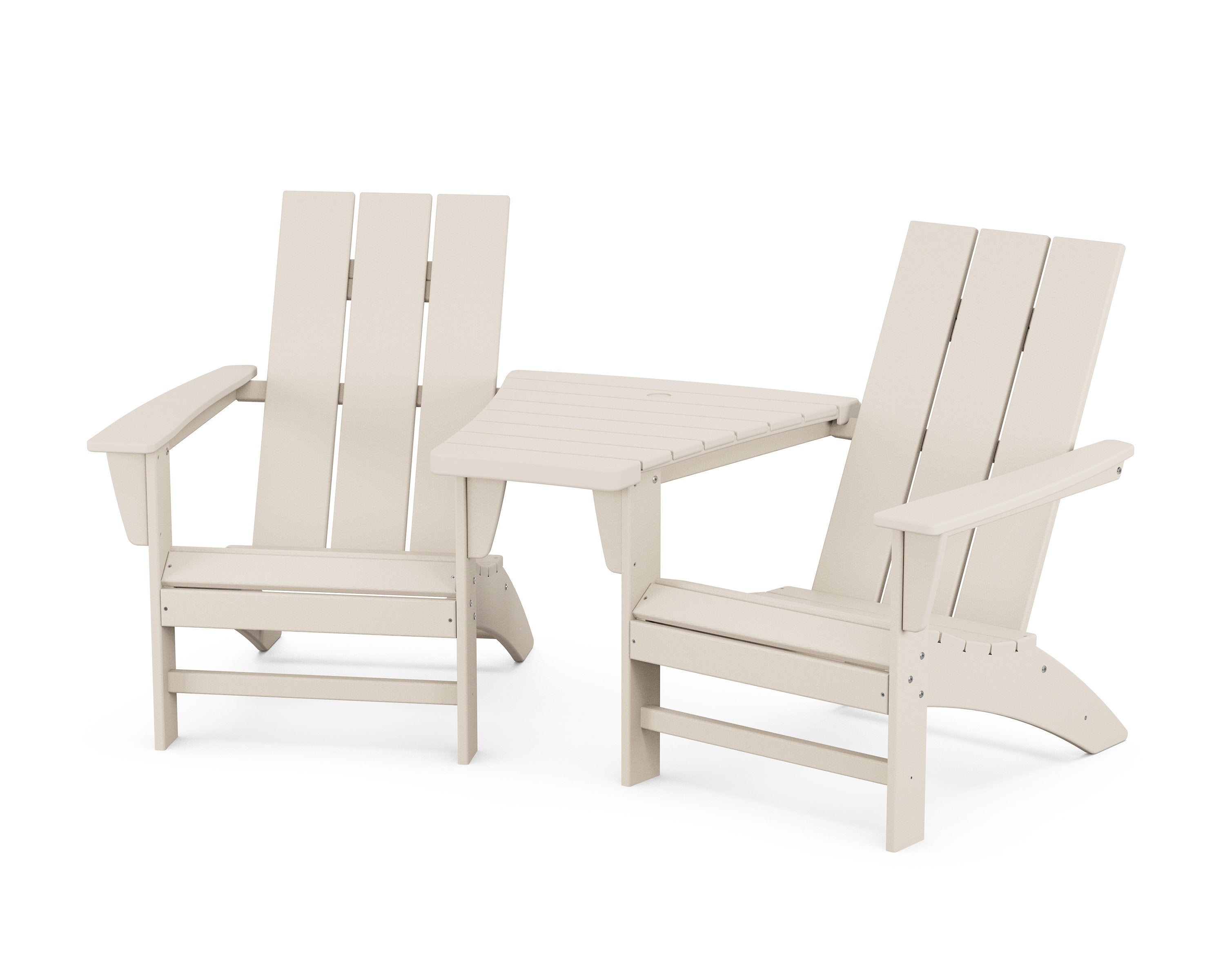 Modern 3-Piece Adirondack Set with Angled Connecting Table in Sand