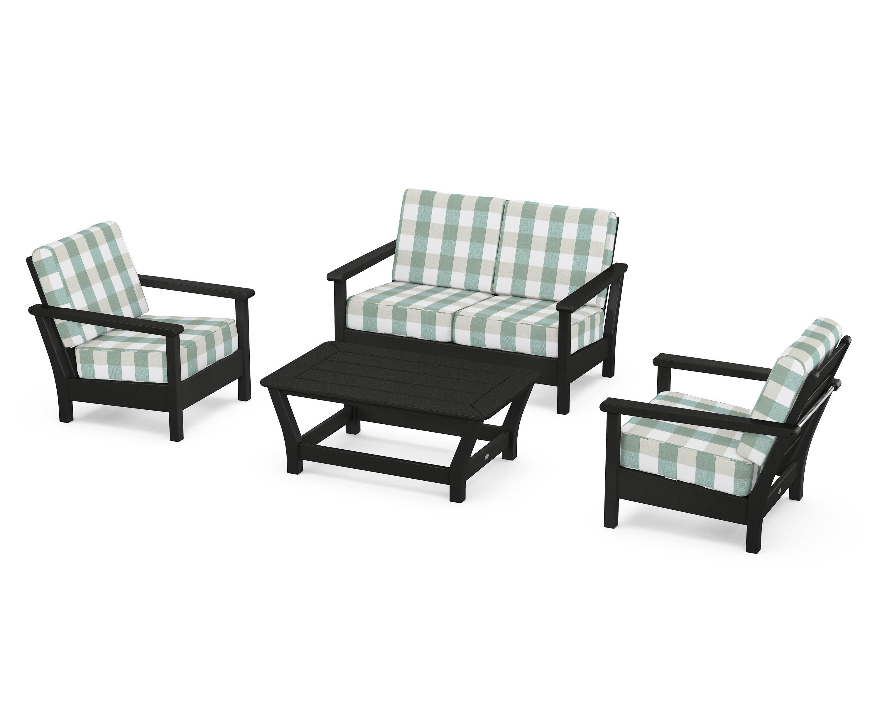 Harbour 4-Piece Deep Seating Set in Black / Buffalo Plaid Glacier Spa
