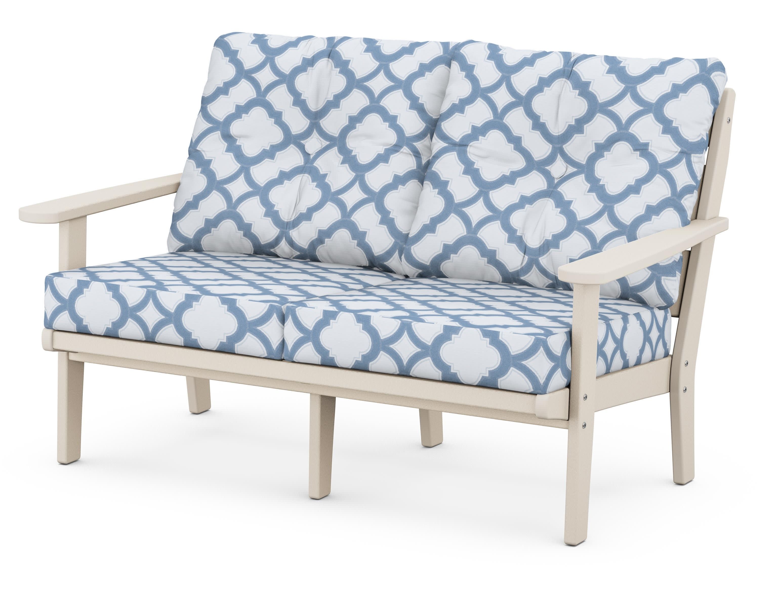 Lakeside Deep Seating Loveseat in Sand / Trellis Sky Blue