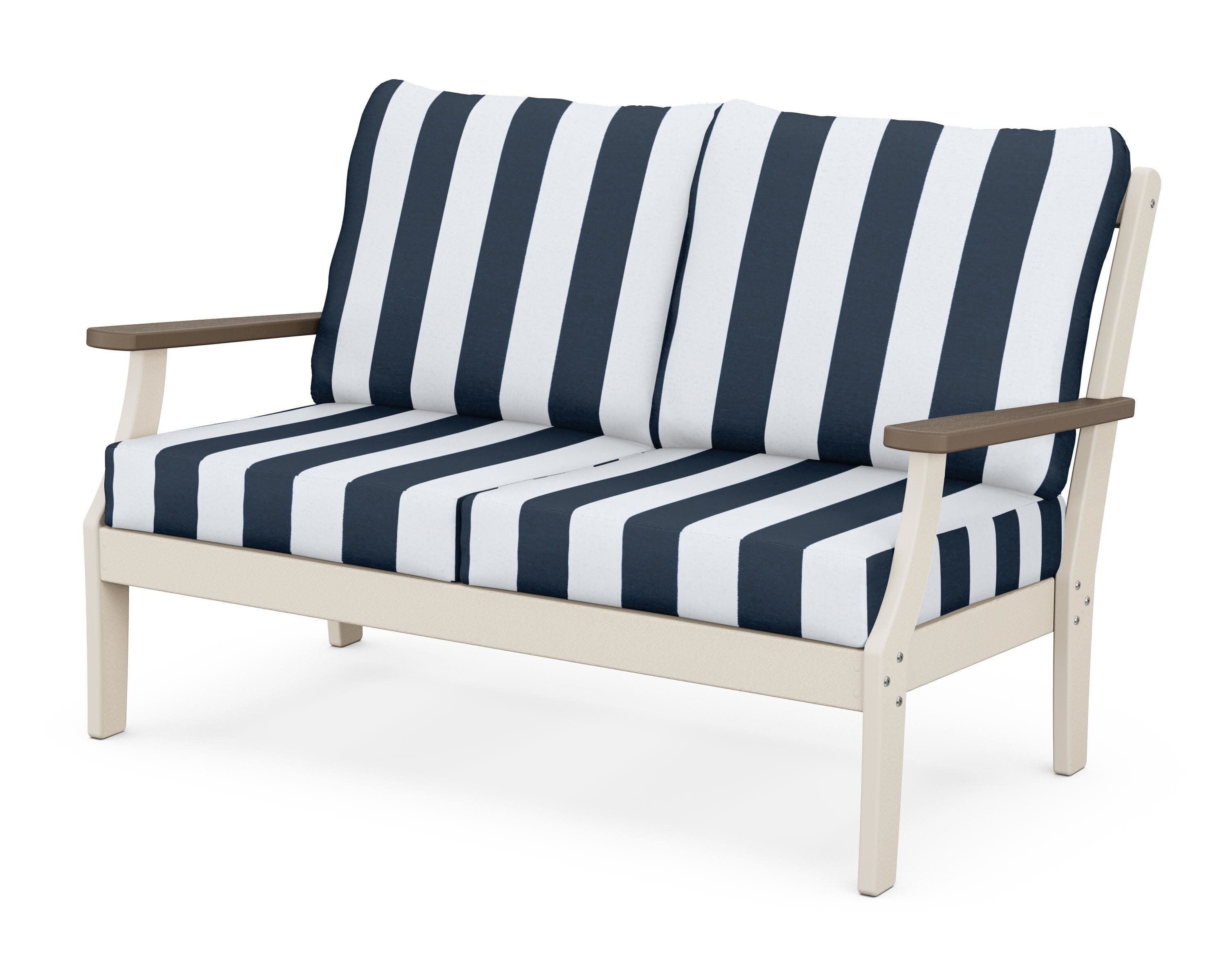 Braxton Deep Seating Loveseat in Sand / Kona / Cabana Stripe Marine Indigo