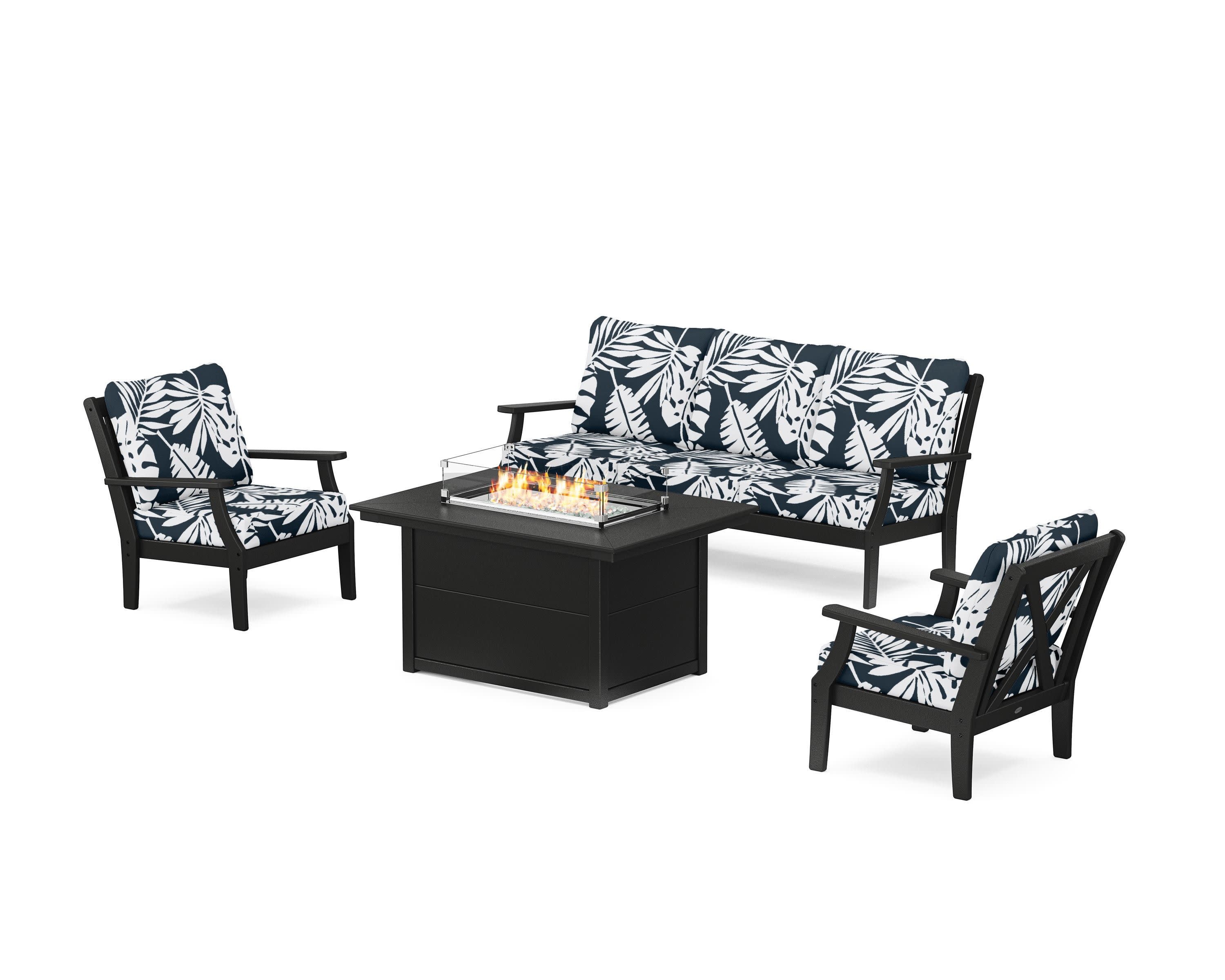 Braxton Deep Seating Fire Pit Table Set in Black / Leaf Marine Indigo