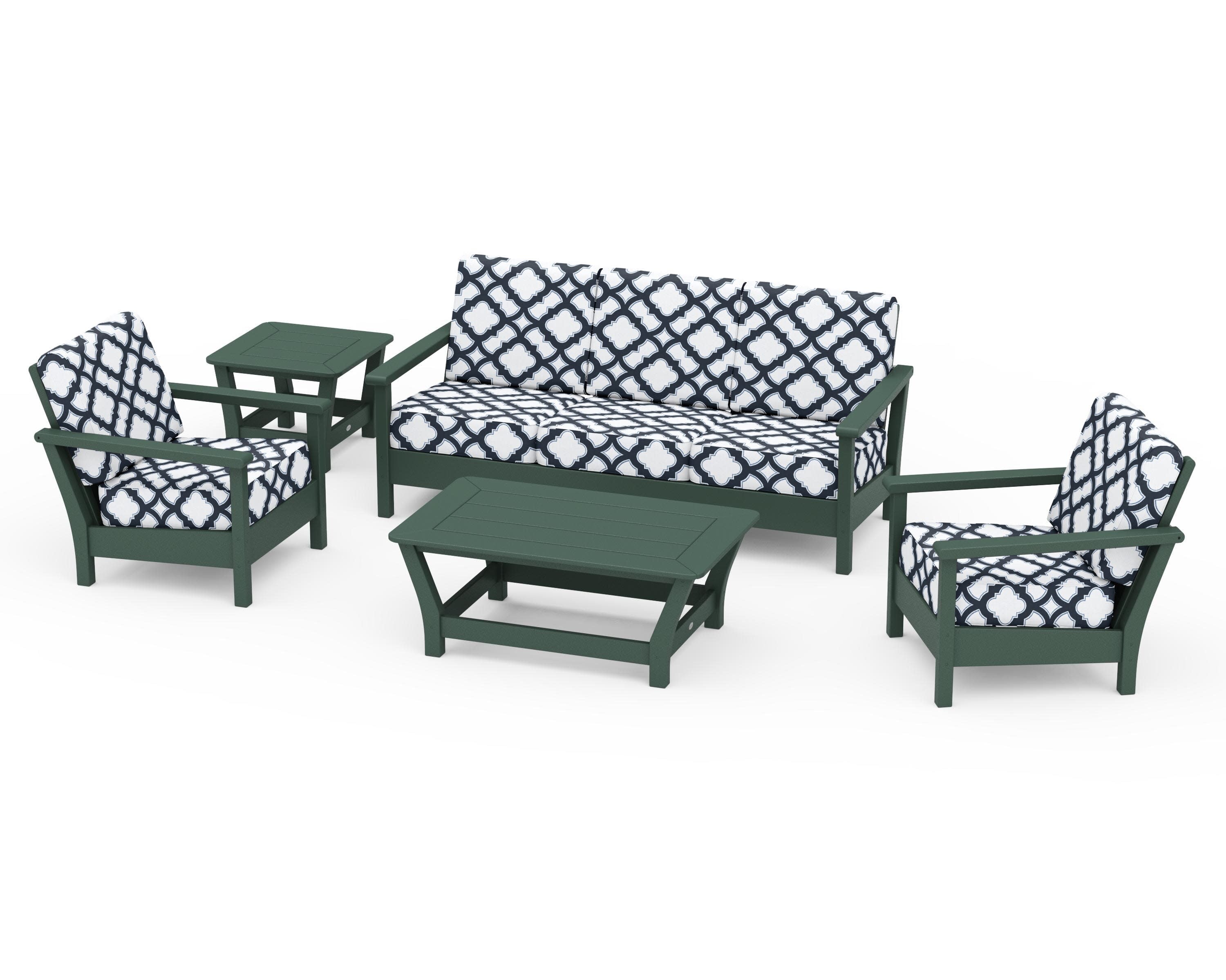 Harbour 5-Piece Deep Seating Set in Green / Trellis Marine Indigo