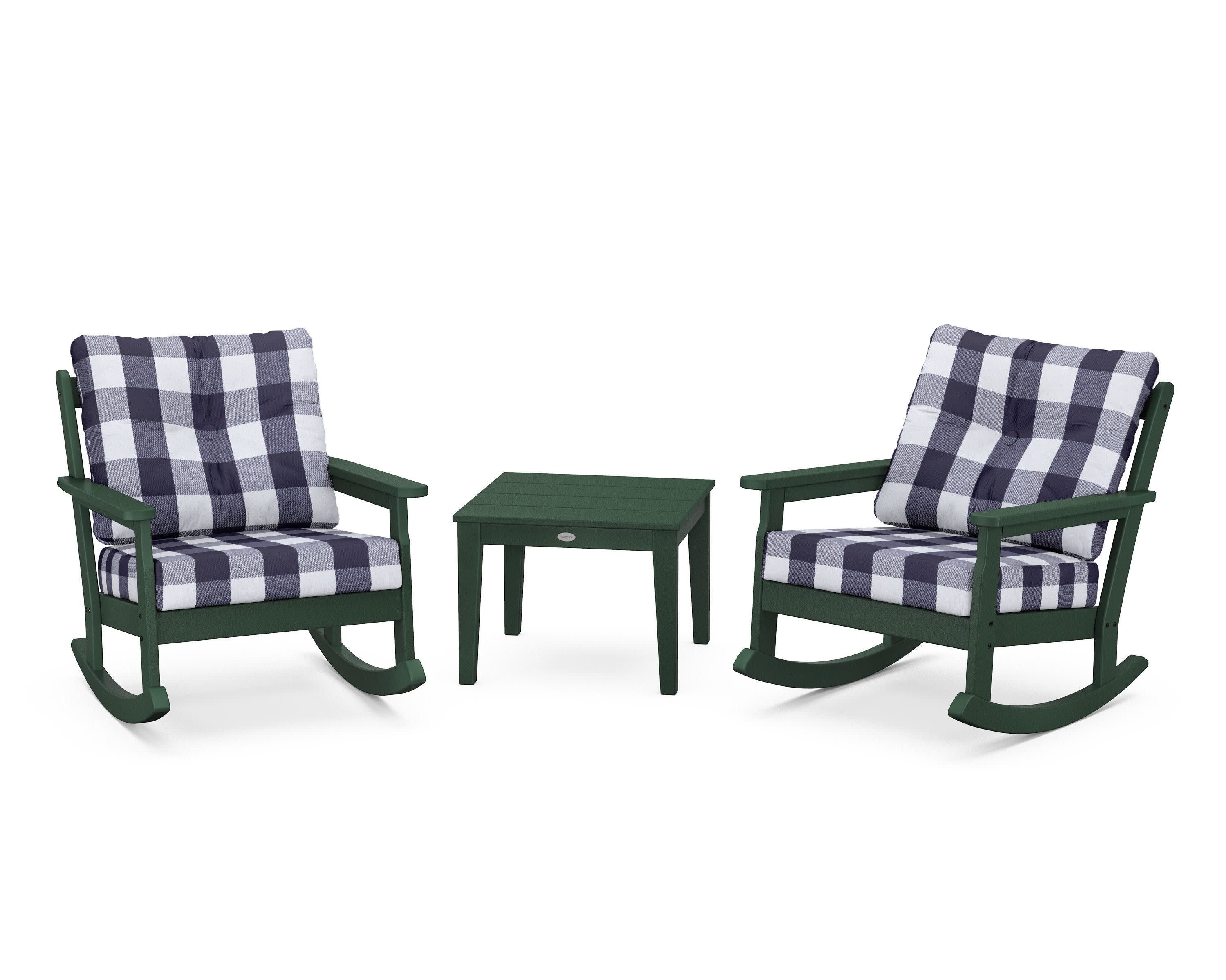 Vineyard 3-Piece Deep Seating Rocker Set in Green / Buffalo Plaid Navy