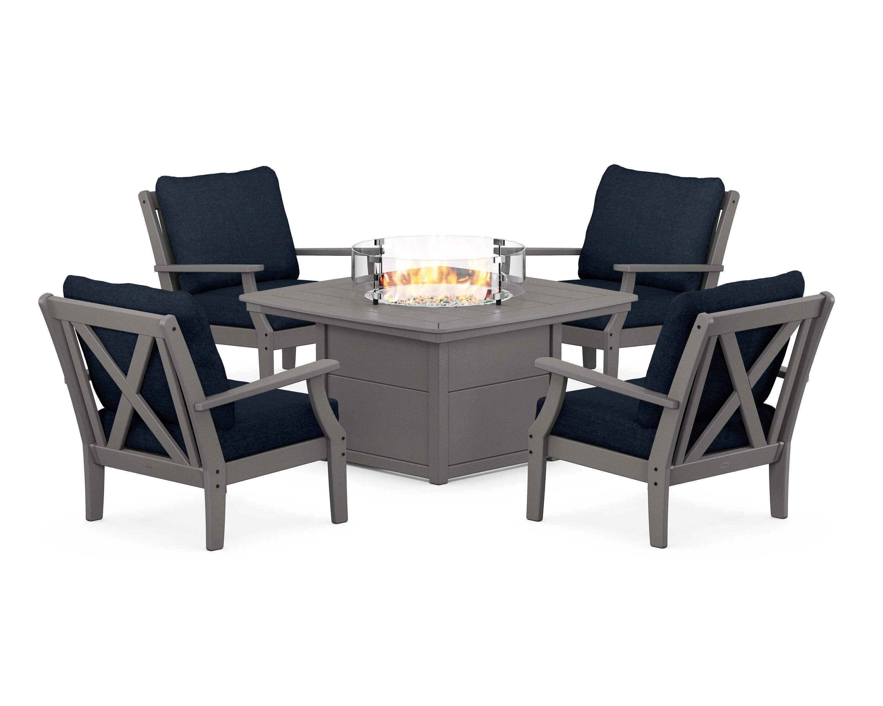 Braxton 5-Piece Deep Seating Conversation Set with Fire Pit Table in Slate Grey / Marine Indigo