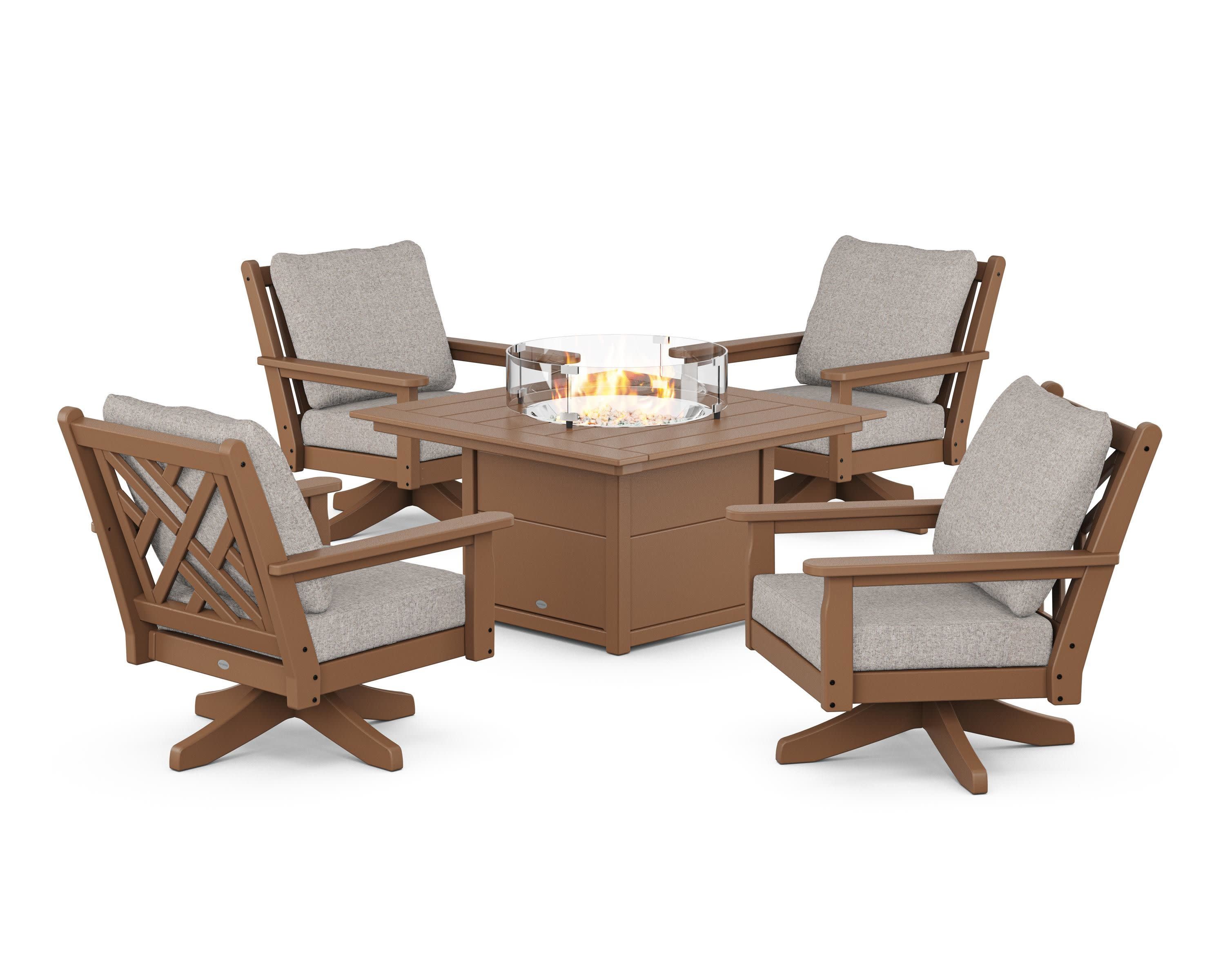 Chippendale 5-Piece Deep Seating Swivel Conversation Set with Fire Pit Table in Teak / Weathered Tweed