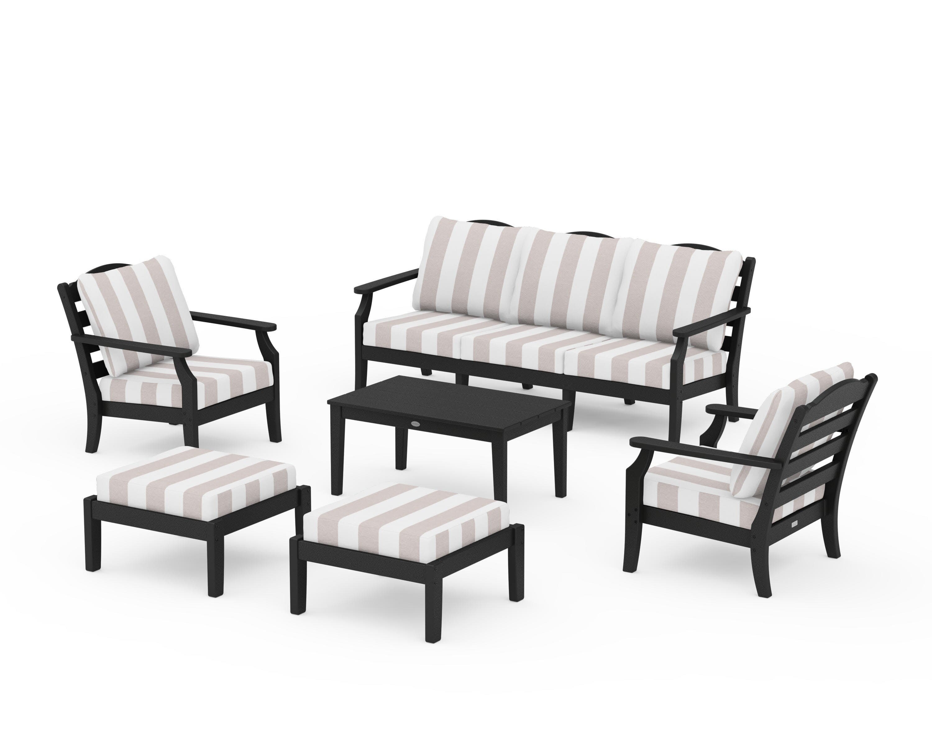 Savannah 6-Piece Lounge Sofa Set in Black / Cabana Stripe Dune Burlap
