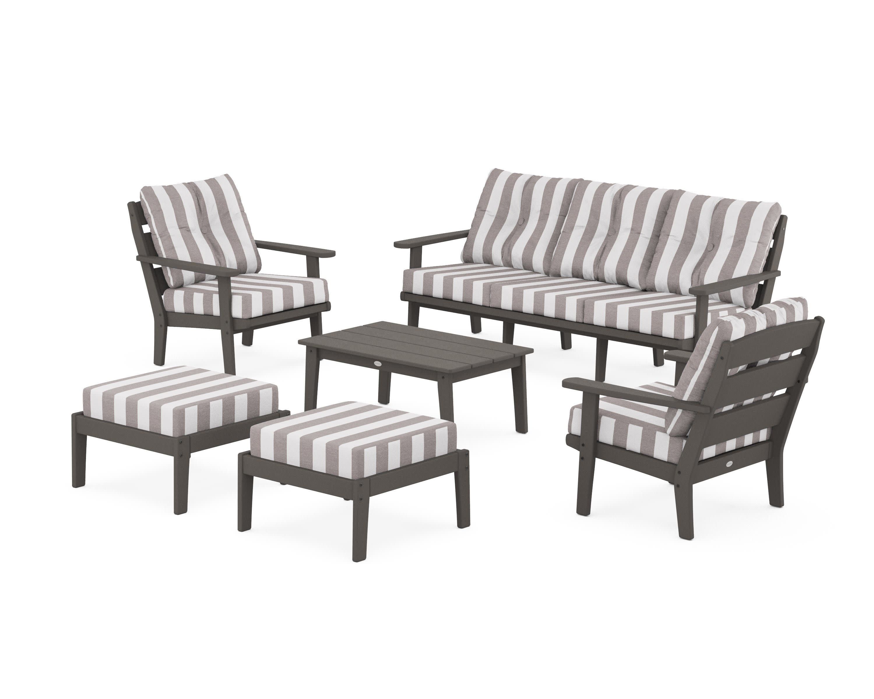 Lakeside 6-Piece Lounge Sofa Set in Vintage Coffee / Cabana Stripe Grey Mist