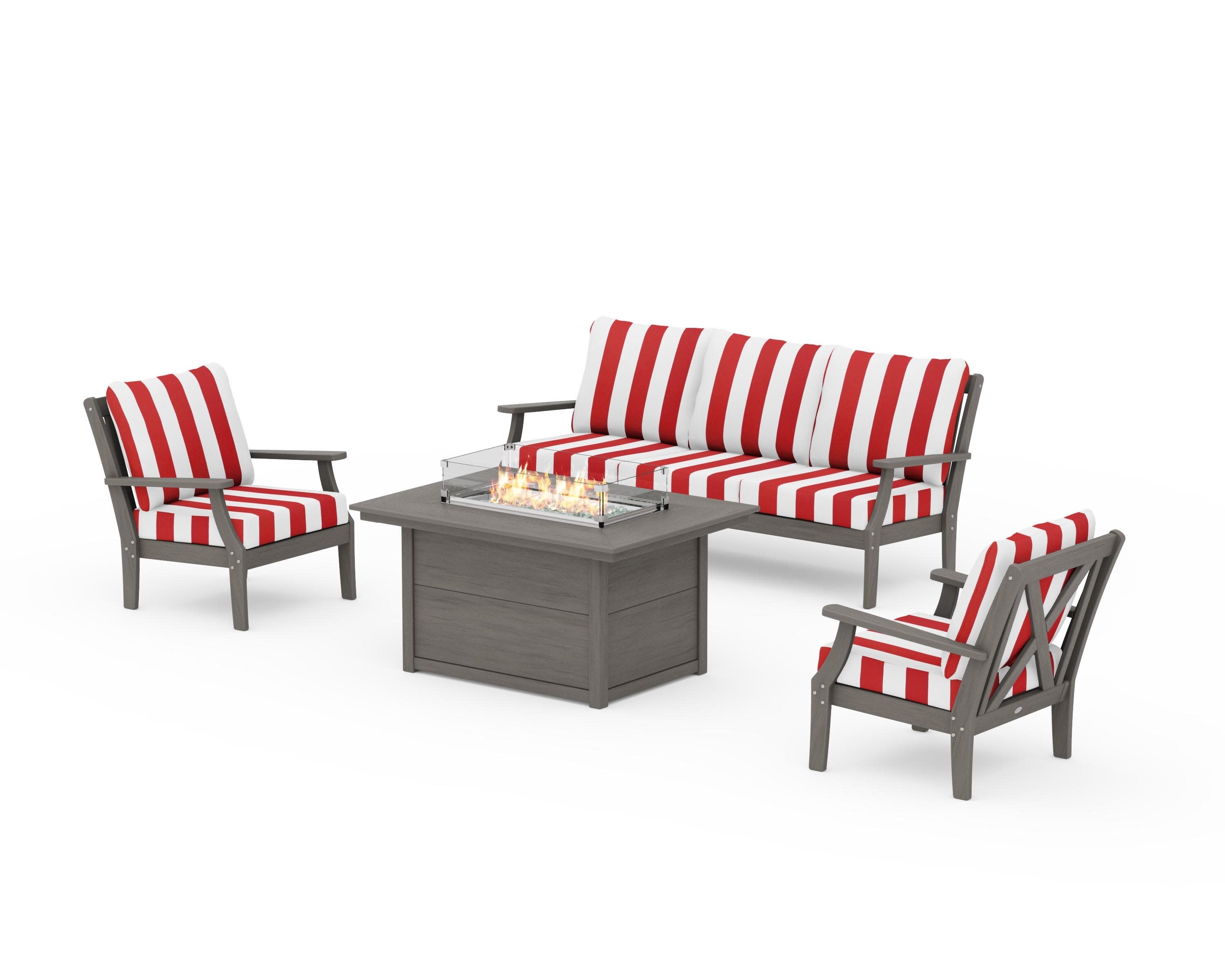 Braxton Deep Seating Fire Pit Table Set in Driftwood / Cabana Stripe Crimson