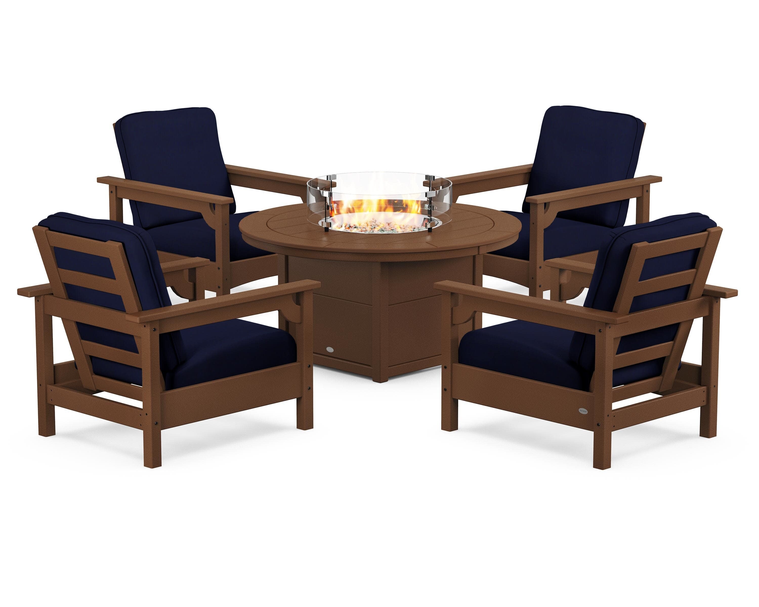 Club 5-Piece Conversation Set with Fire Pit Table in Teak / Navy