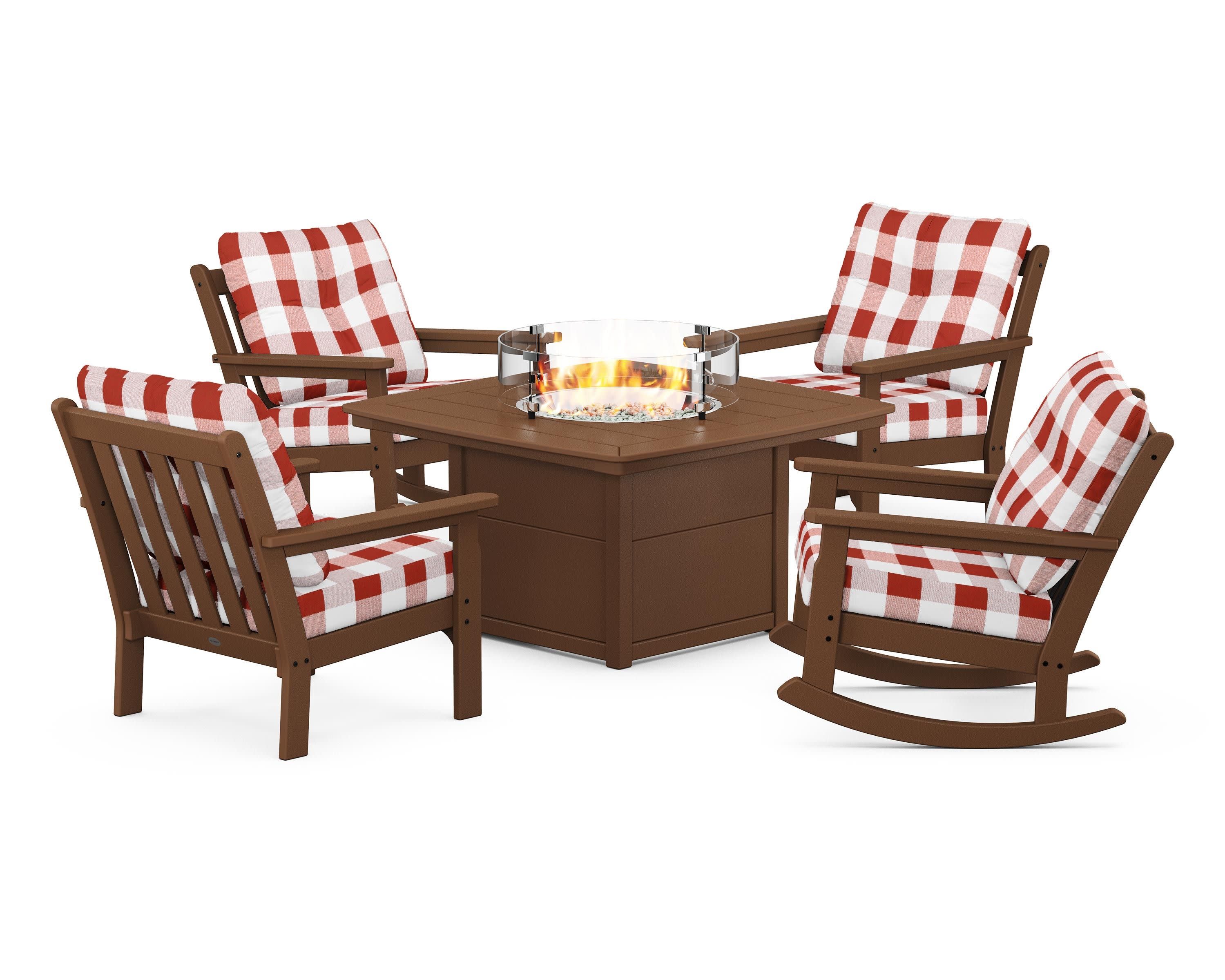 Vineyard 5-Piece Deep Seating Rocking Chair Conversation Set with Fire Pit Table in Teak / Buffalo Plaid Crimson