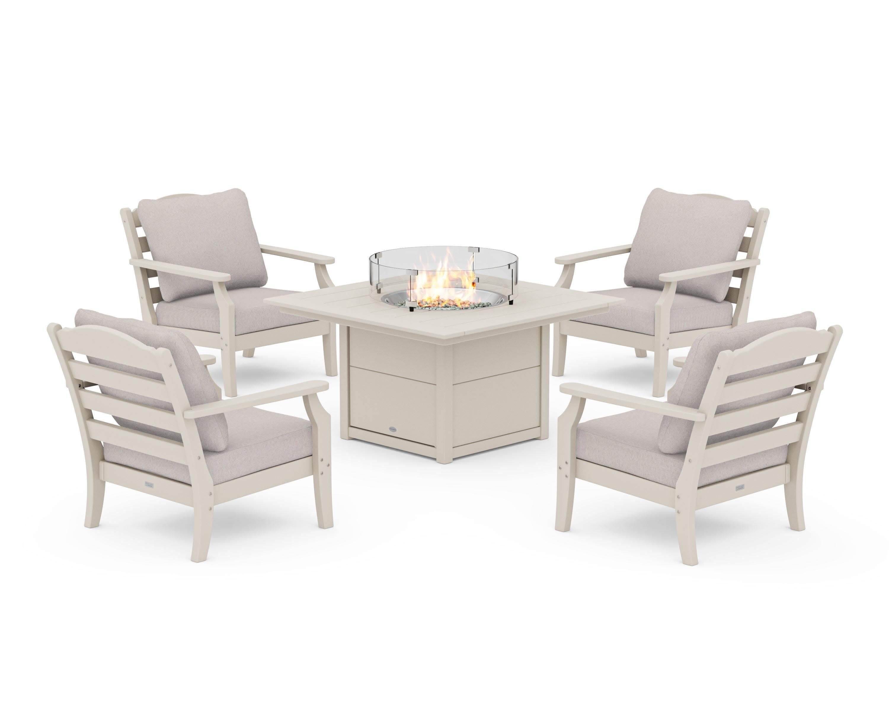 Savannah 5-Piece Deep Seating Set with Fire Pit Table in Sand / Dune Burlap