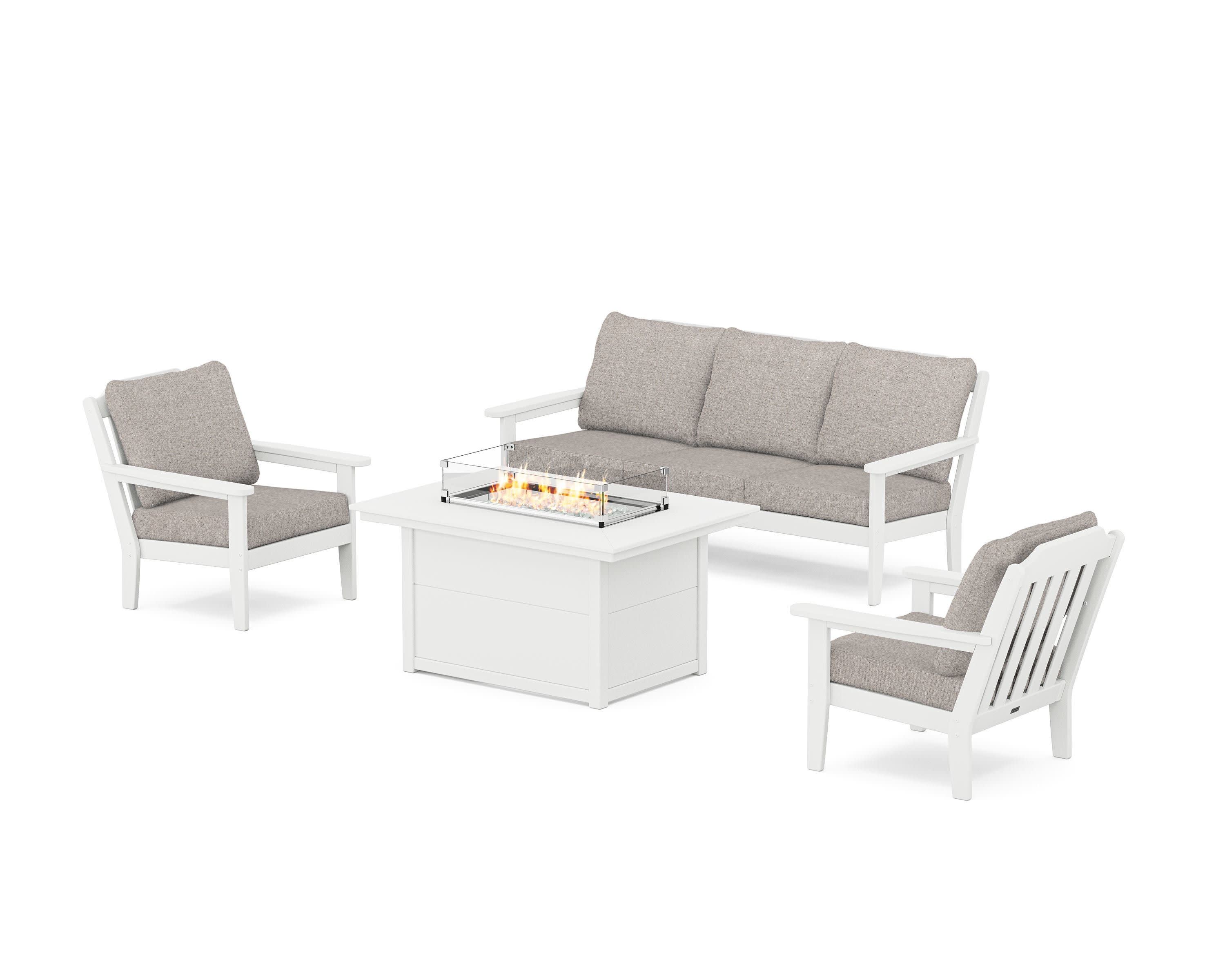 Cottage Deep Seating Fire Pit Table Set in White / Weathered Tweed