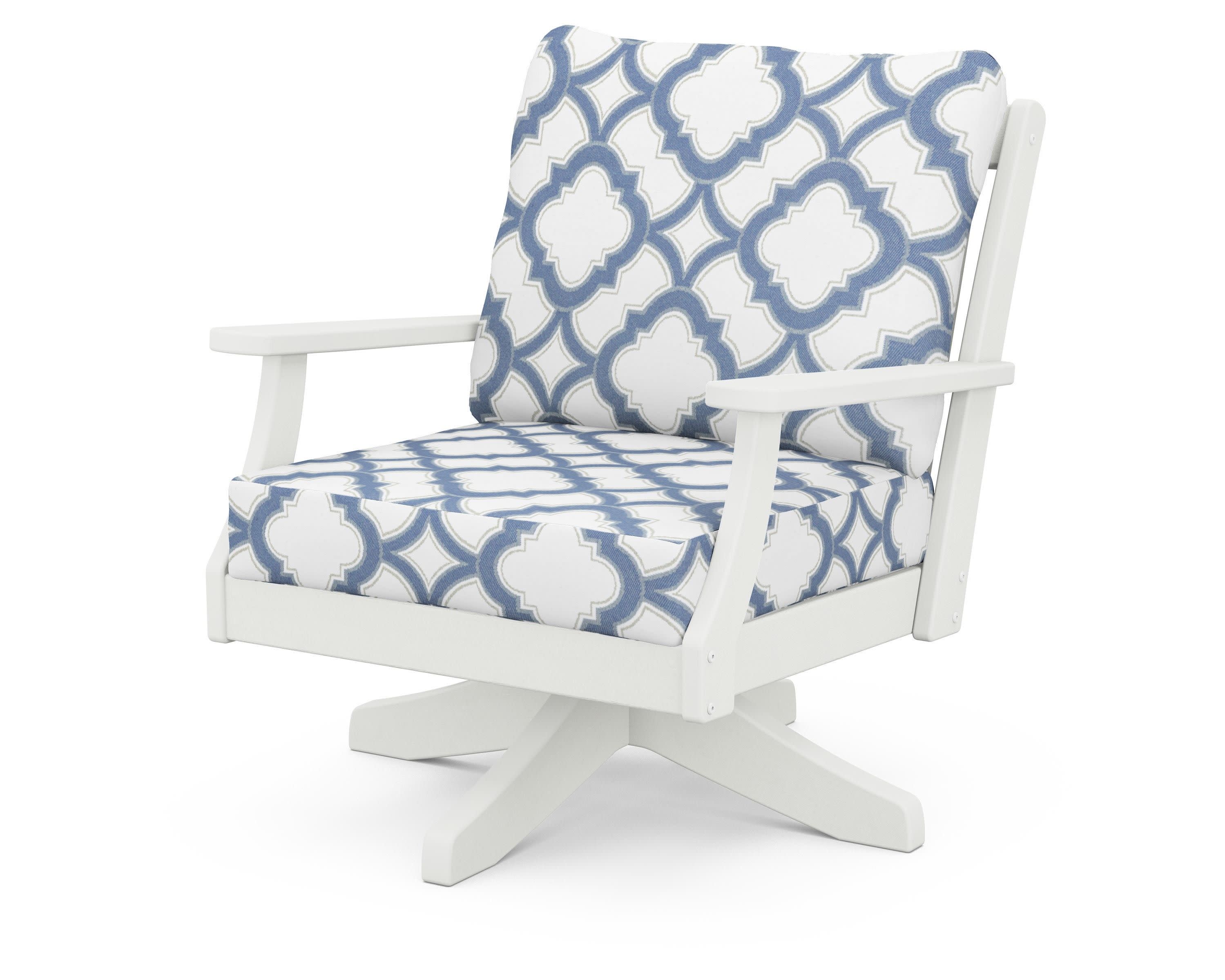 Braxton Deep Seating Swivel Chair in Vintage White / Trellis Sky Blue
