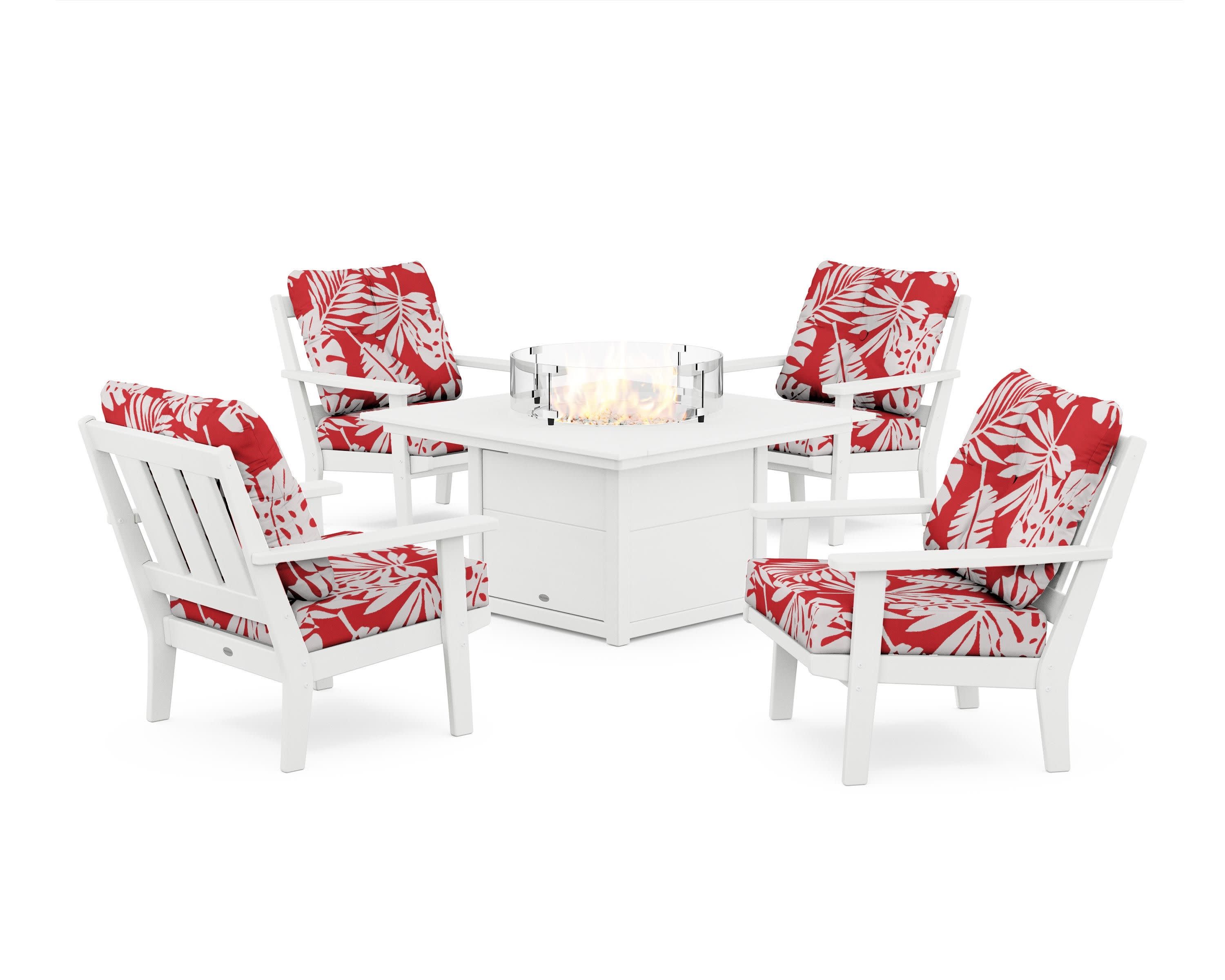 Oxford 5-Piece Deep Seating Set with Fire Pit Table in White / Leaf Crimson