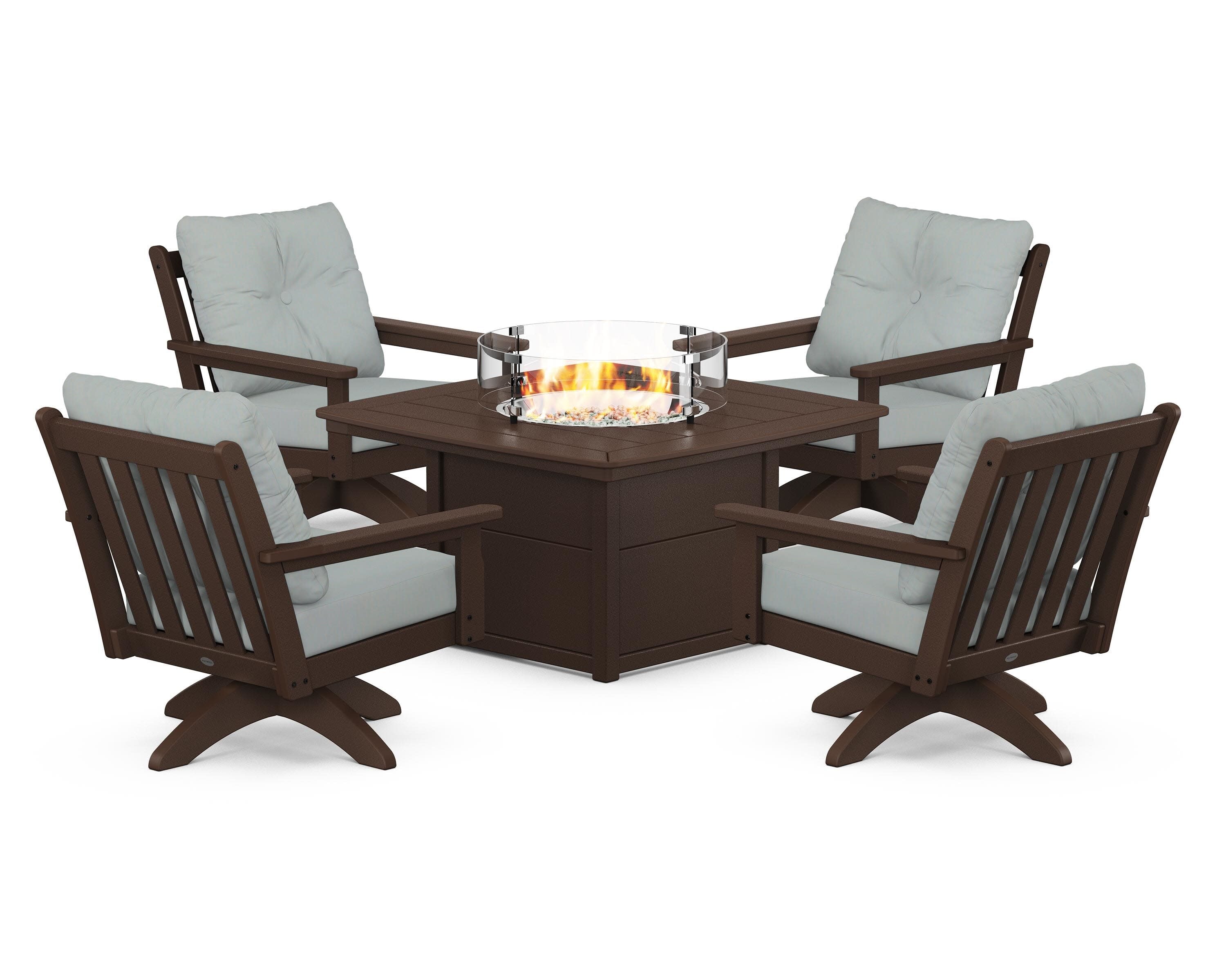 Vineyard 5-Piece Deep Seating Swivel Conversation Set with Fire Pit Table in Mahogany / Spa