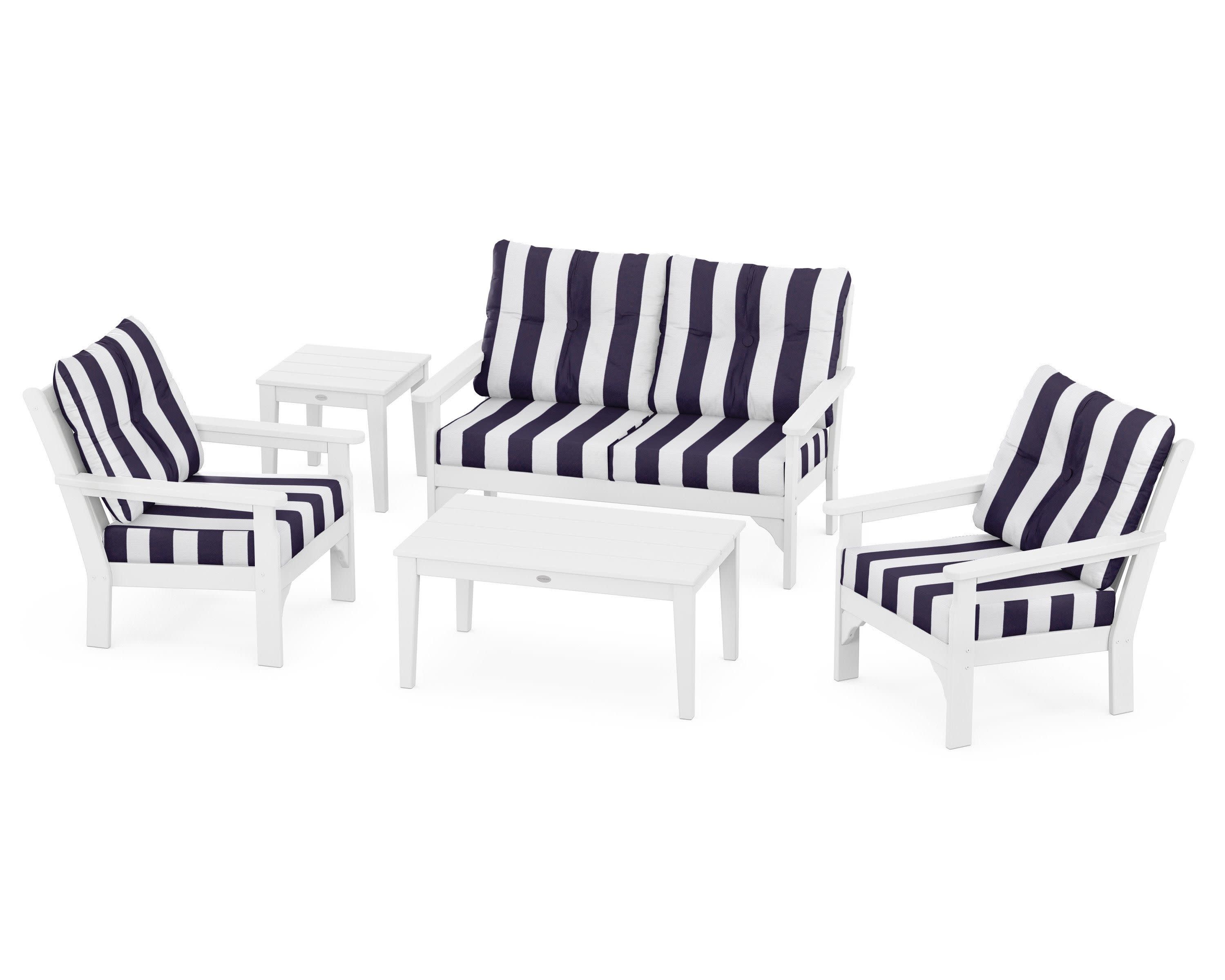 Vineyard 5-Piece Deep Seating Set in White / Cabana Stripe Navy