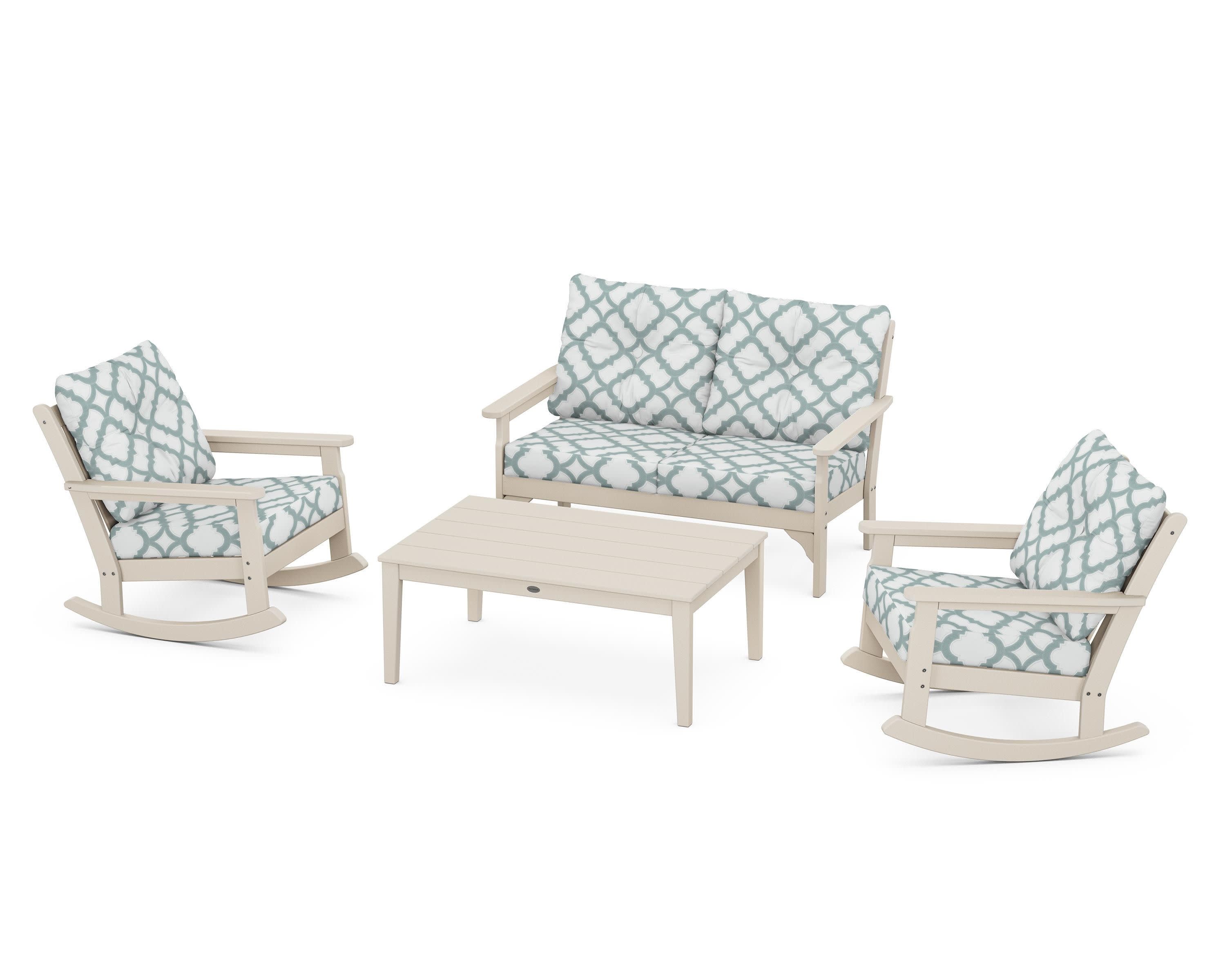 Vineyard 4-Piece Deep Seating Rocking Chair Set in Sand / Trellis Glacier Spa