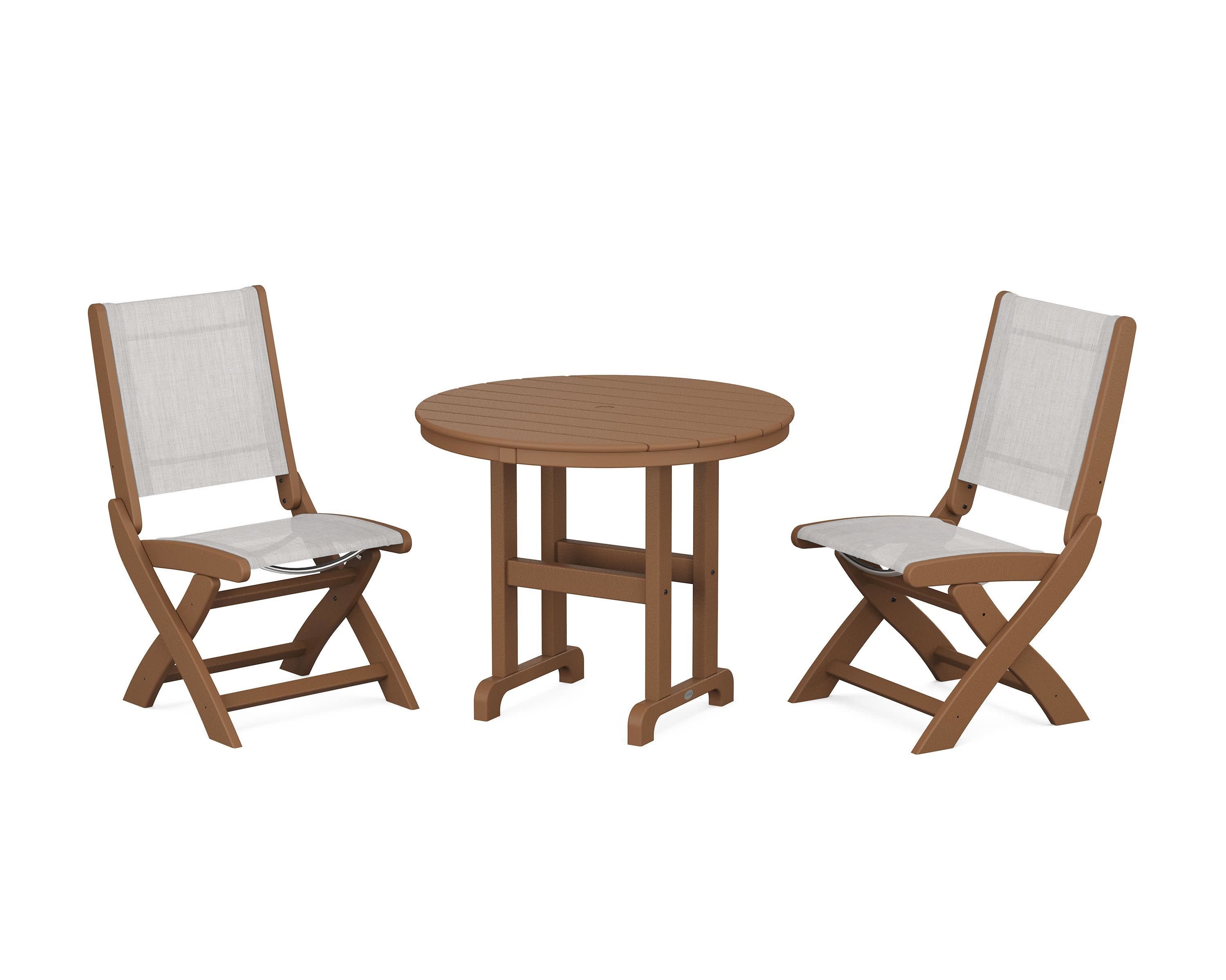 Coastal Folding Side Chair 3-Piece Round Dining Set in Teak / Parchment Sling