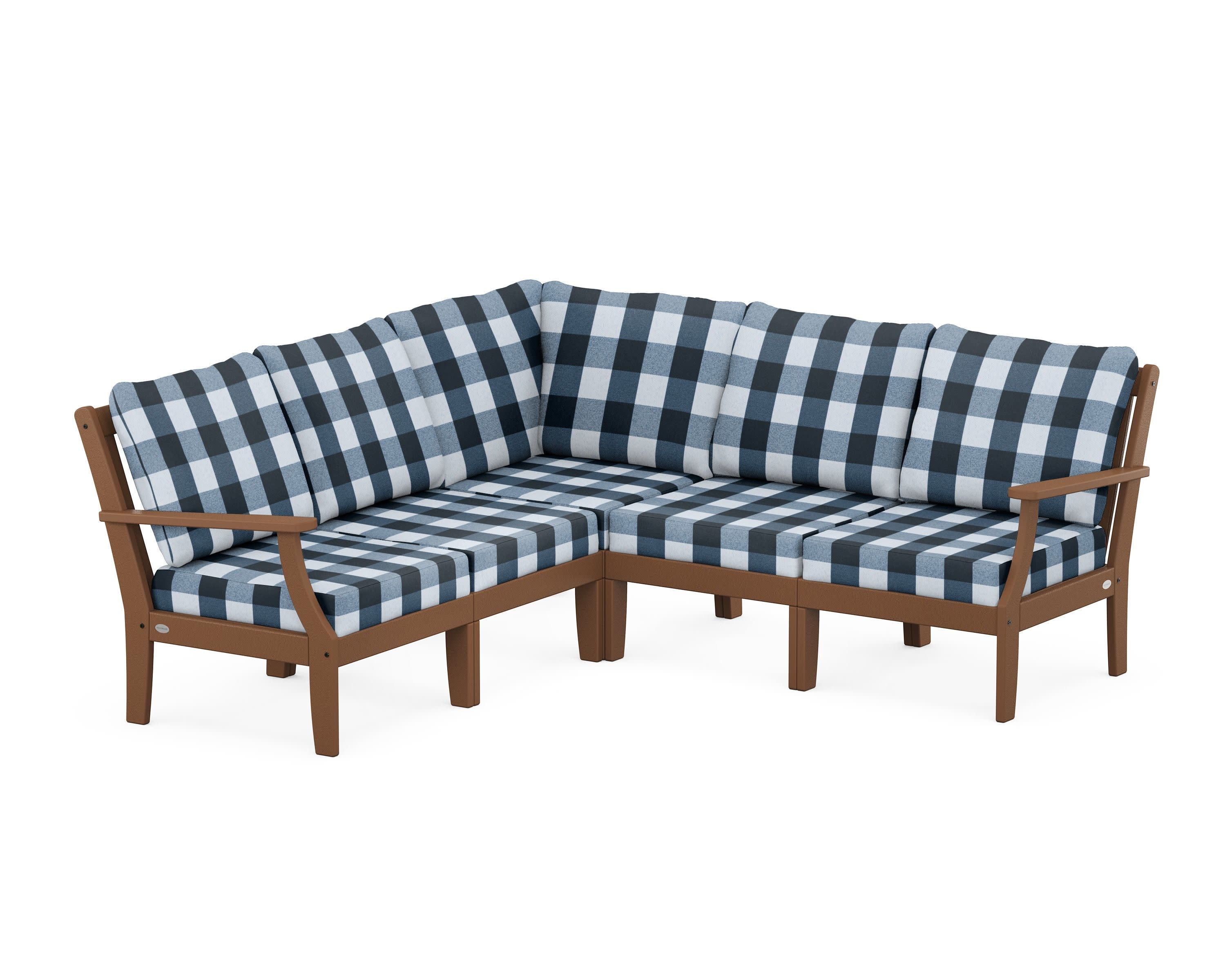 Braxton Modular 5-Piece Deep Seating Set in Teak / Buffalo Plaid Marine Indigo