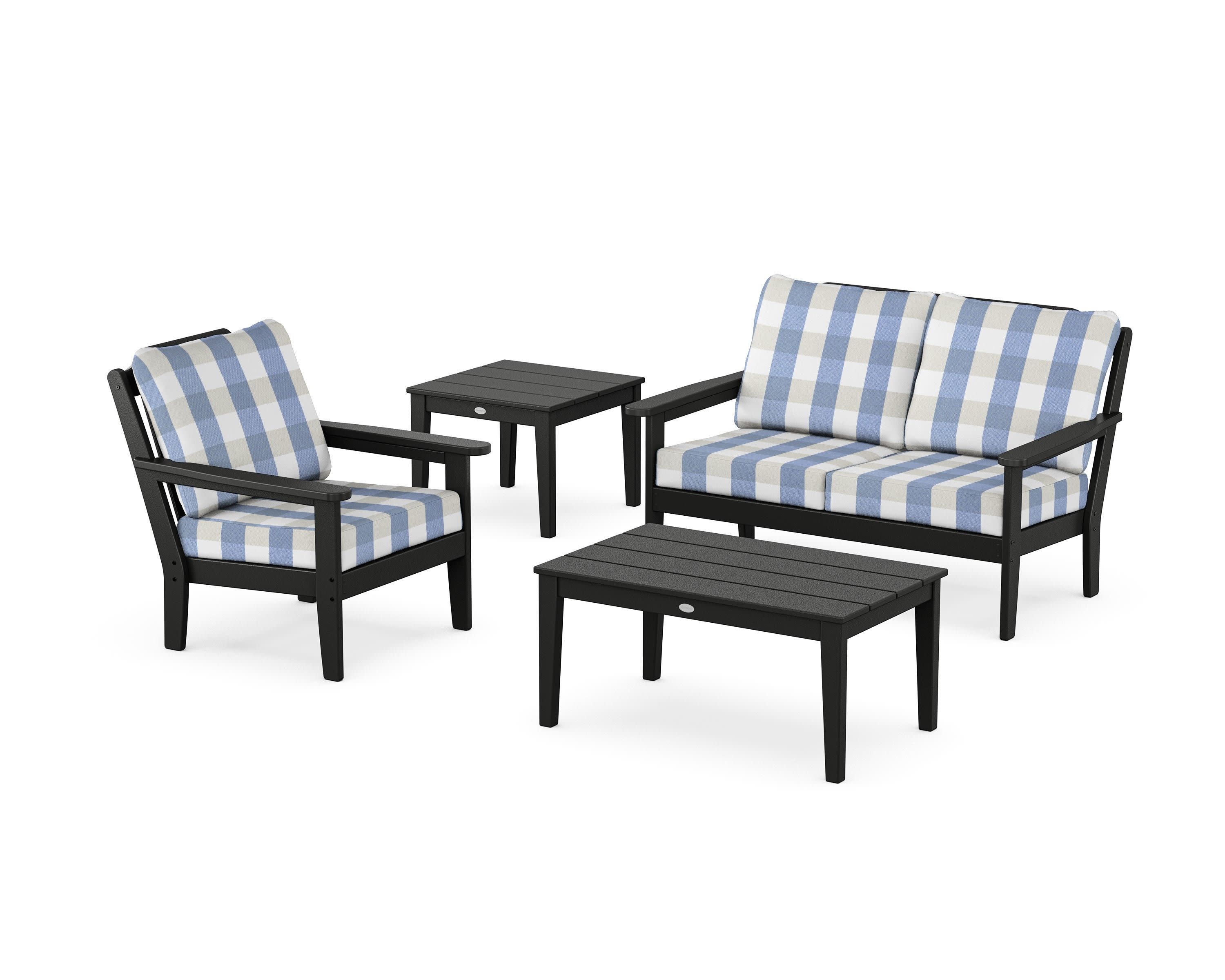 Wovendale 4-Piece Deep Seating Set in Black / Buffalo Plaid Sky Blue