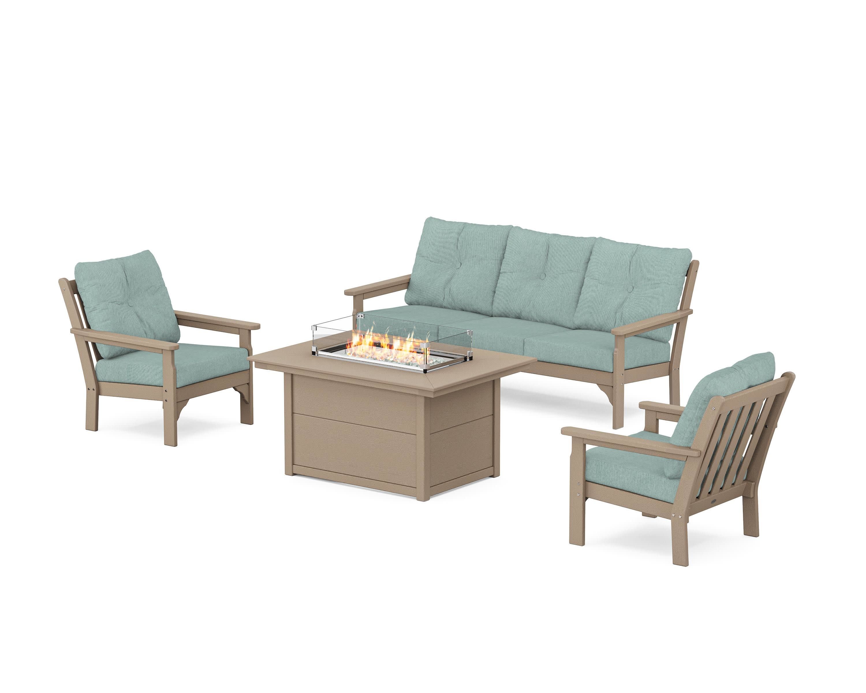 Vineyard Deep Seating Fire Pit Table Set in Vintage Sahara / Glacier Spa