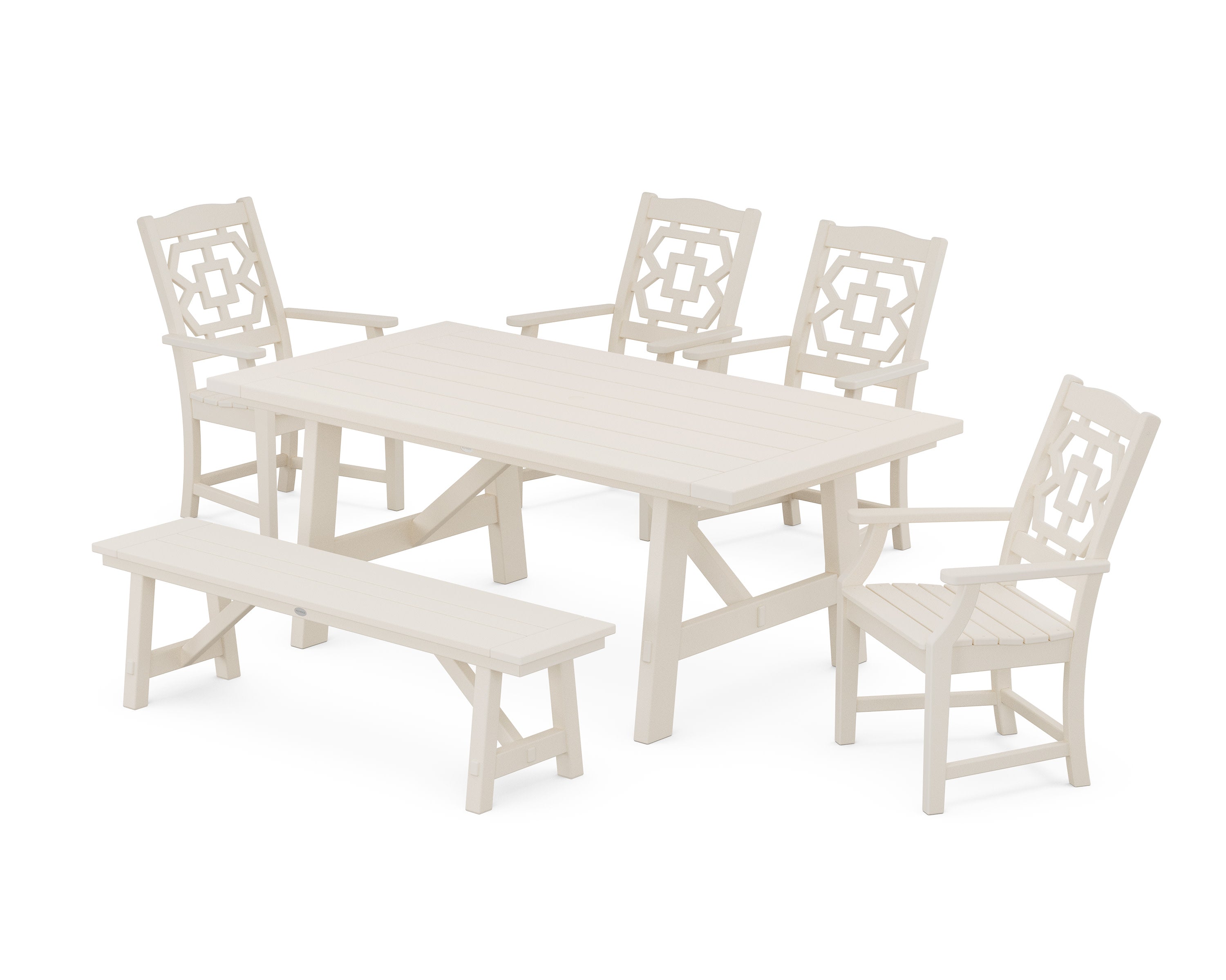 Chinoiserie 6-Piece Rustic Farmhouse Dining Set with Bench in Sand