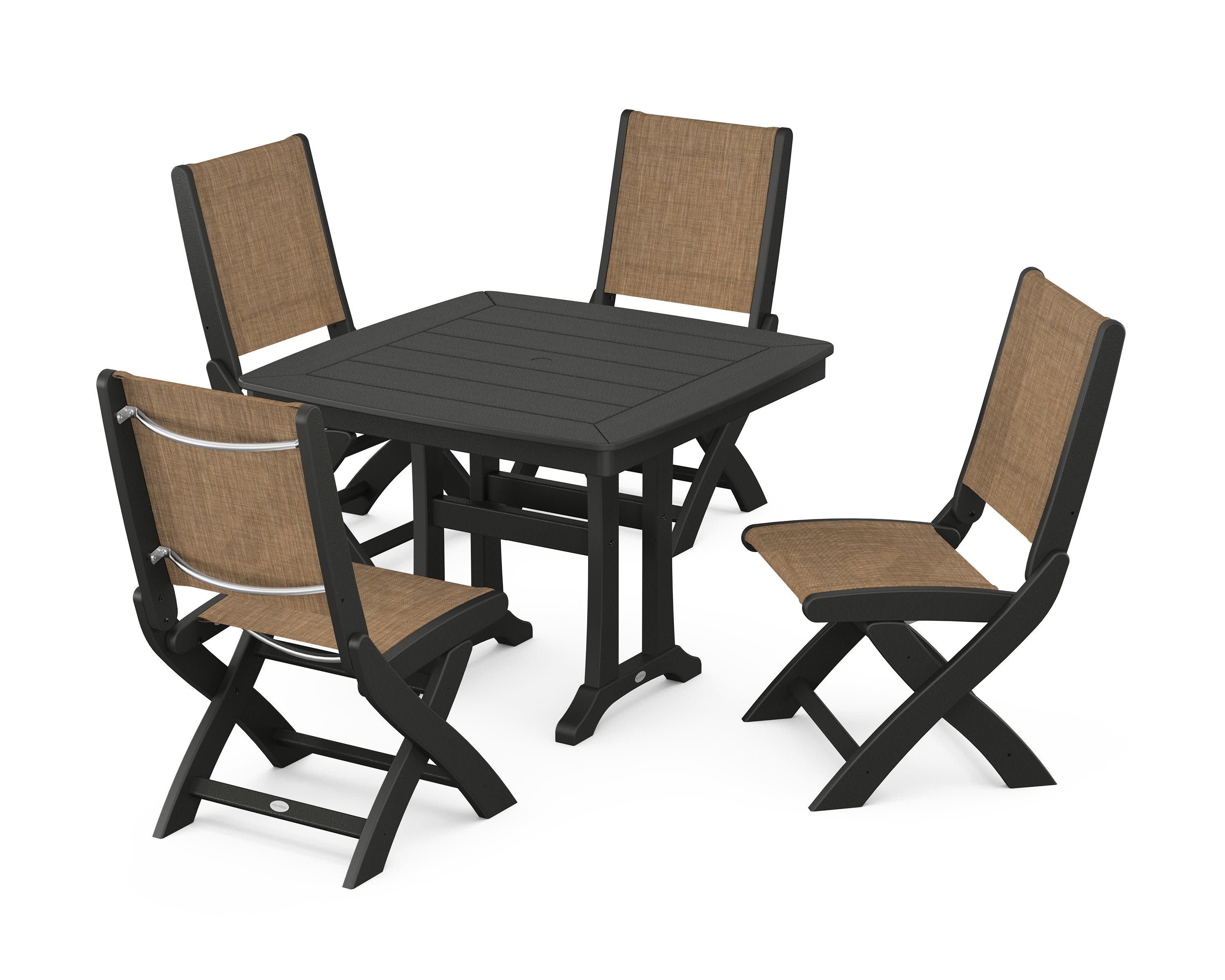 Coastal Folding Side Chair 5-Piece Dining Set with Trestle Legs in Black / Burlap Sling