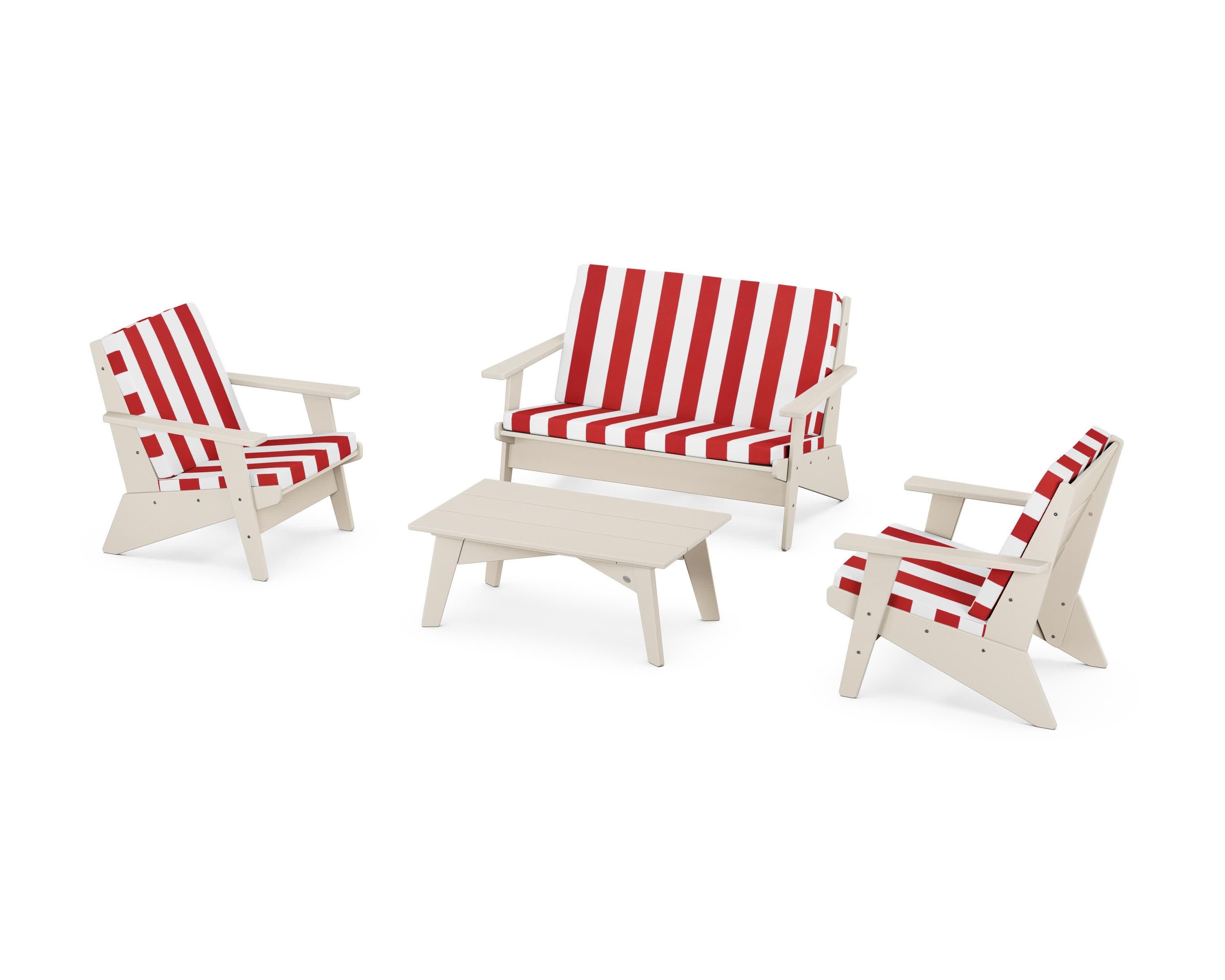 Riviera Modern Lounge 4-Piece Set in Sand / Cabana Stripe Crimson