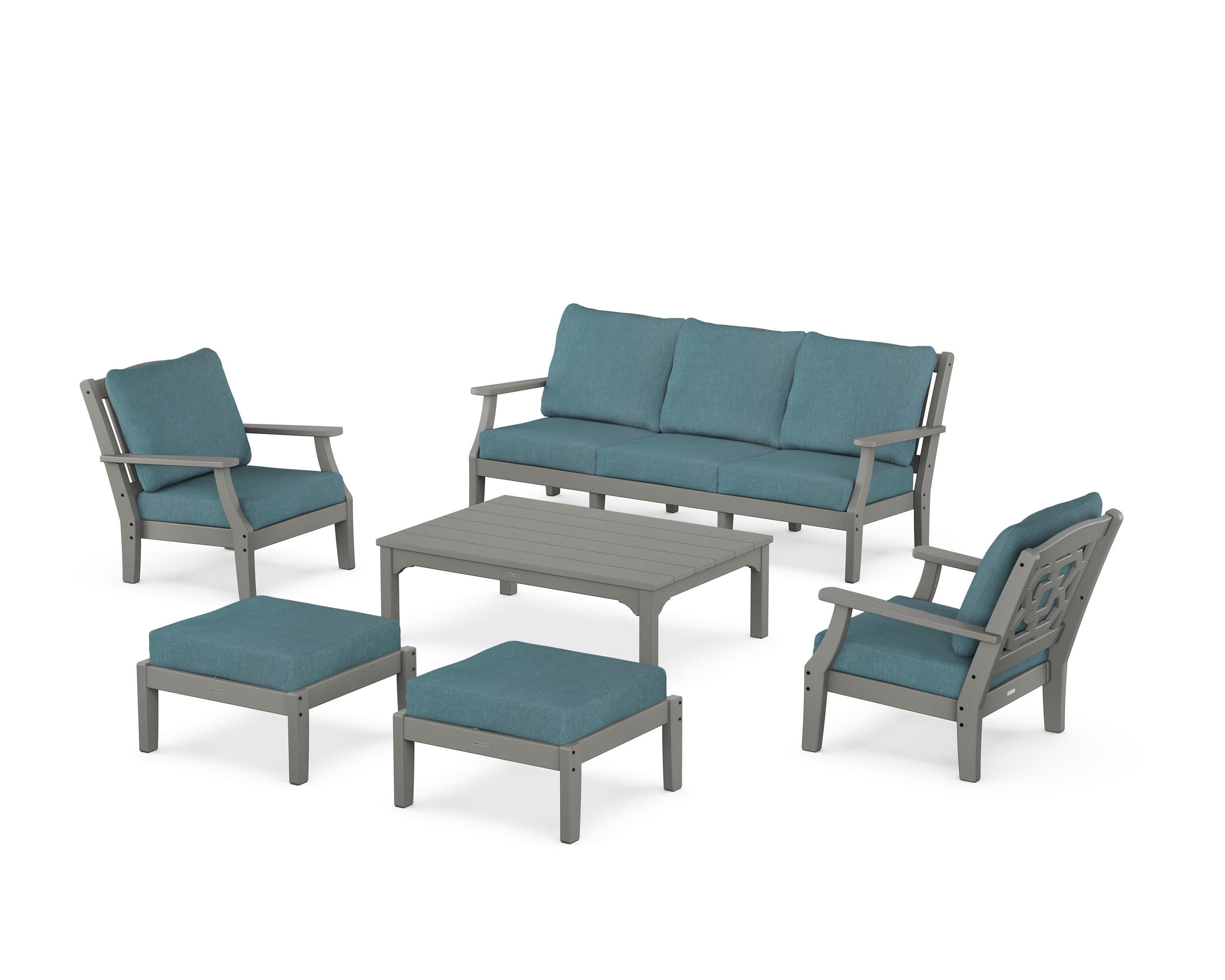 Chinoiserie 6-Piece Lounge Sofa Set in Slate Grey / Ocean Teal