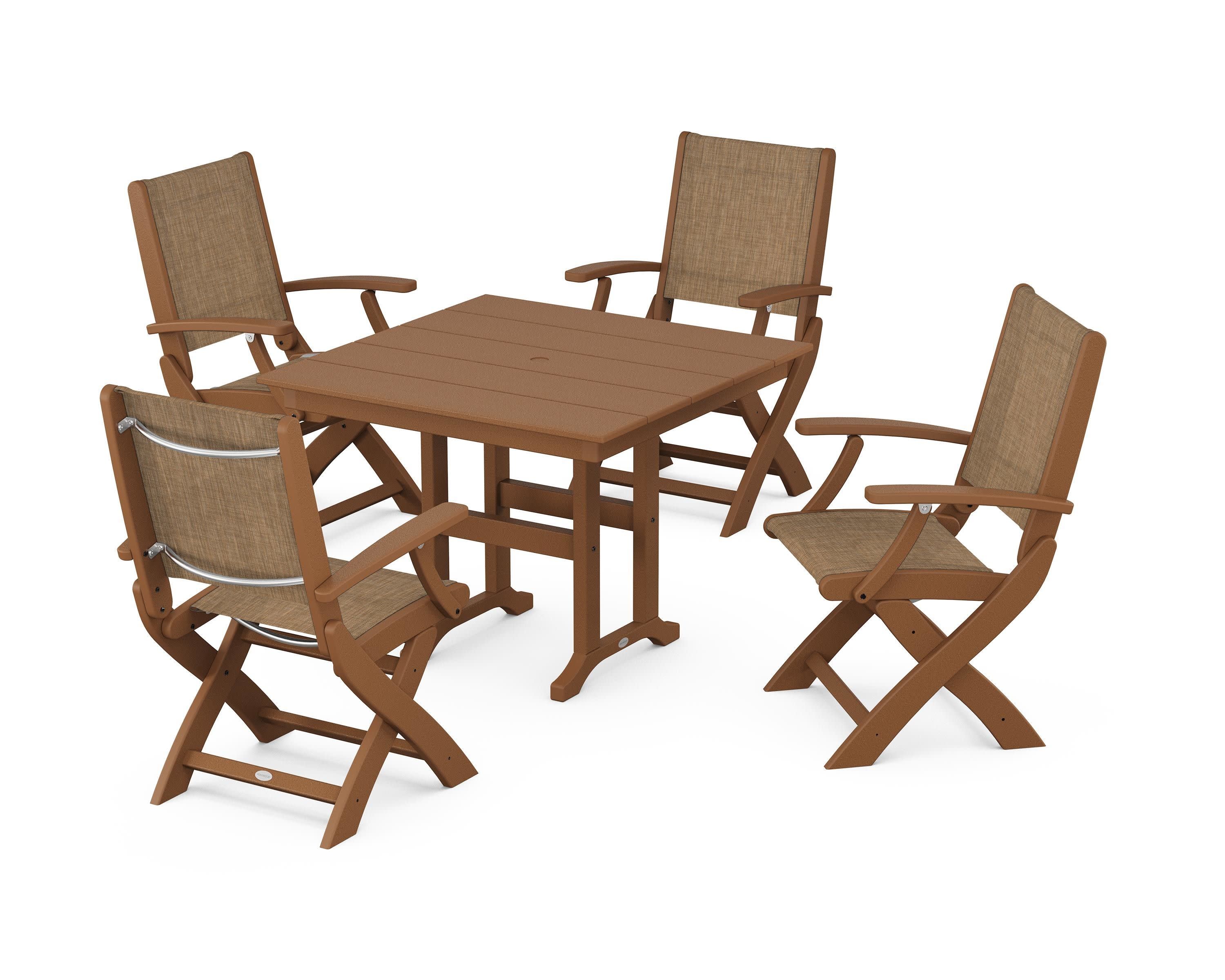Coastal Folding Chair 5-Piece Farmhouse Dining Set in Teak / Burlap Sling