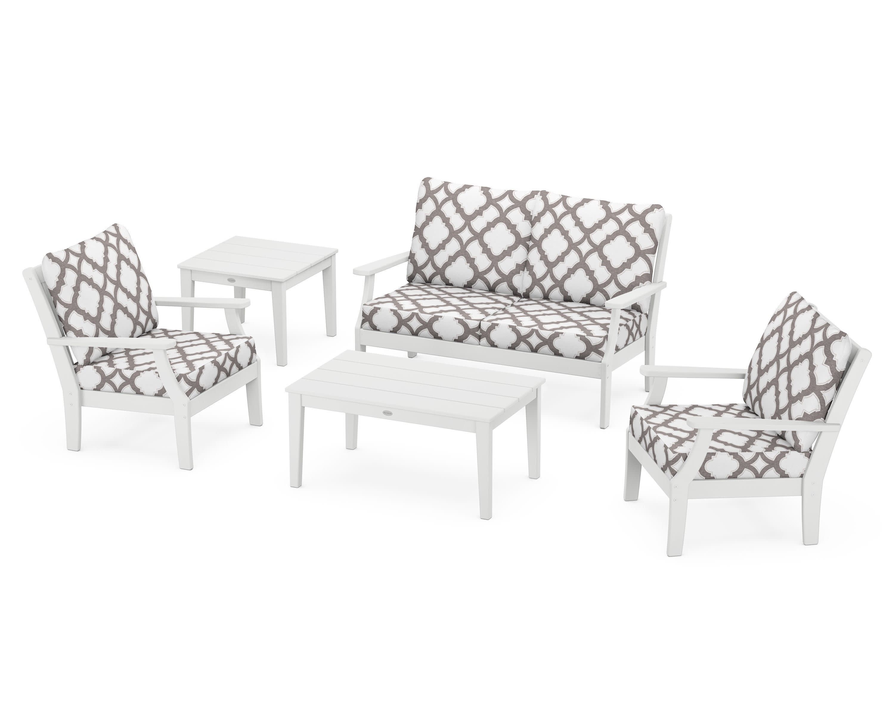 Braxton 5-Piece Deep Seating Set in White / Trellis Grey Mist