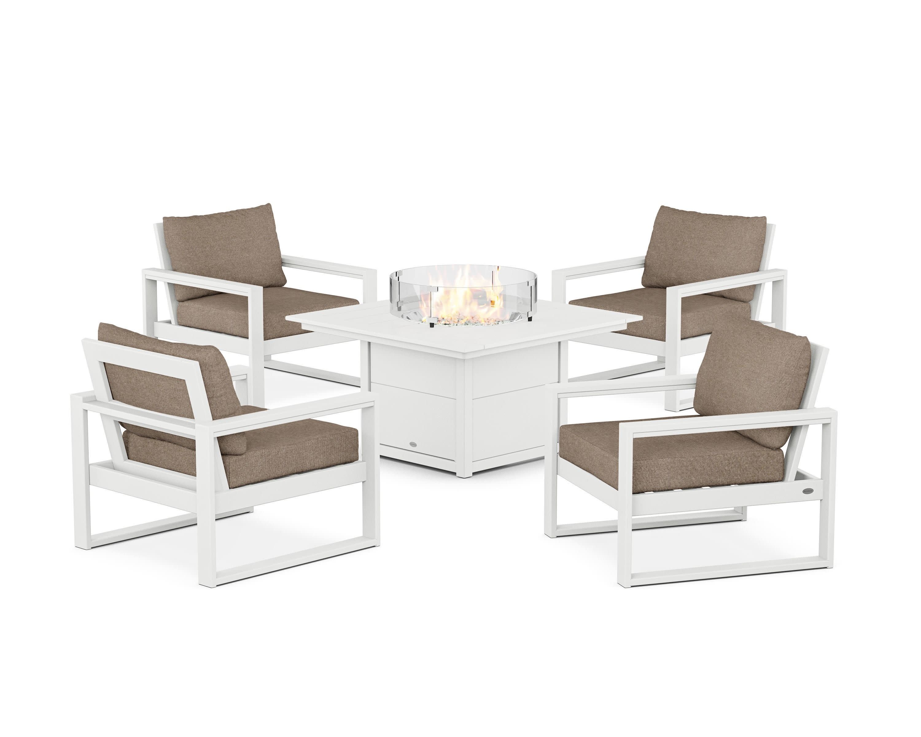 EDGE Sectional 5-Piece Deep Seating Set with Fire Pit Table in White / Spiced Burlap